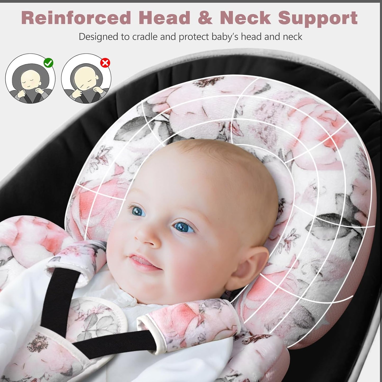 [Upgraded] Infant Car Seat Insert & Newborn Head Support, 3 Strap Covers + Reversible 2-in-1 Design – All Seasons Baby Car Seat Cushion for Stroller, Swing, Rocker, Bassinets