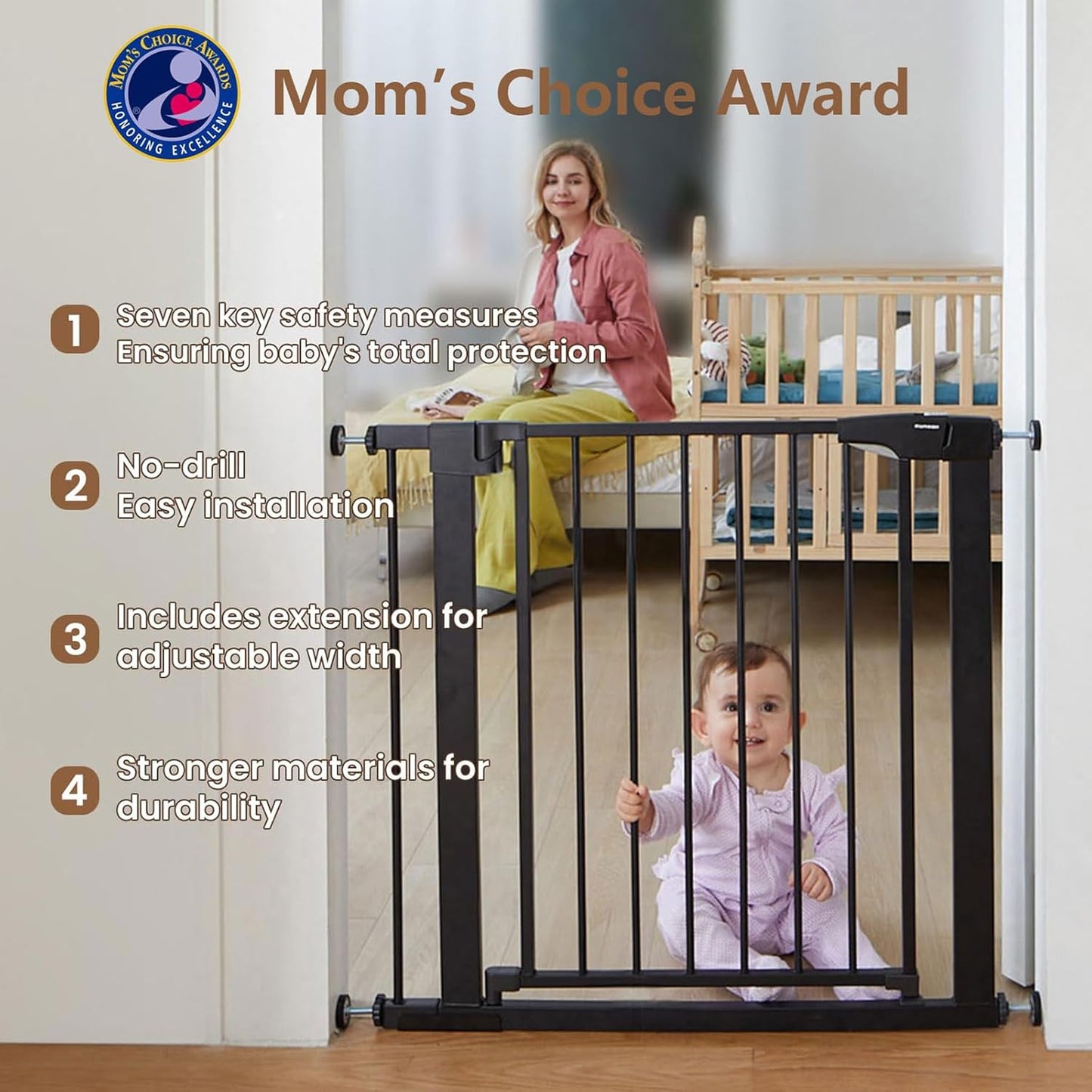 Baby Gate for Stairs - 29.6-46" Auto Close Dog Gate for Doorways, Extra Wide Child Gate Indoor, Walking Through Safety Gate for Kid, Pet Gates No Drilling Black, Mom's Choice Awards Winner