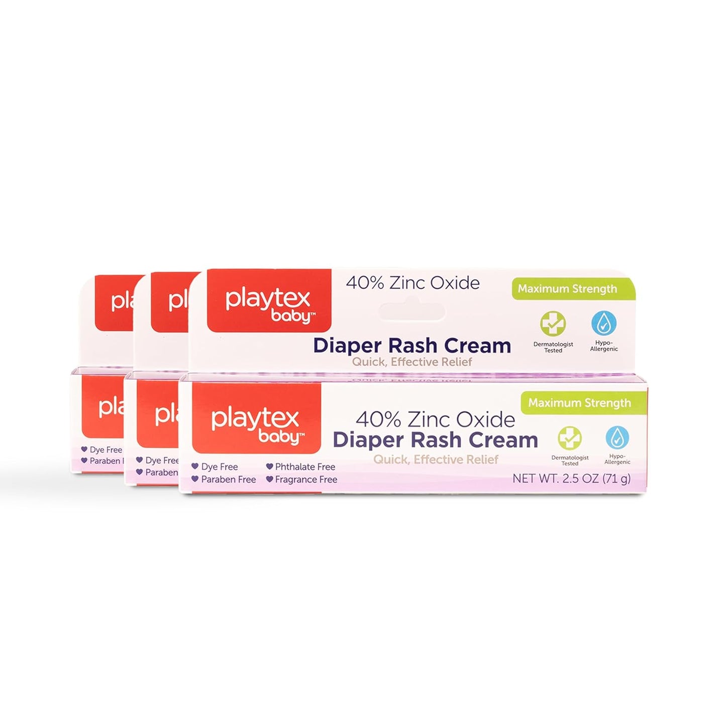 Playtex Baby Diaper Rash Cream, 2.5 oz. Tube, 3-Pack, Dermatologist Tested 40% Zinc Oxide Diaper Cream, Fragrance Free, Hypoallergenic, Free of Dye, Parabens and Phthalates