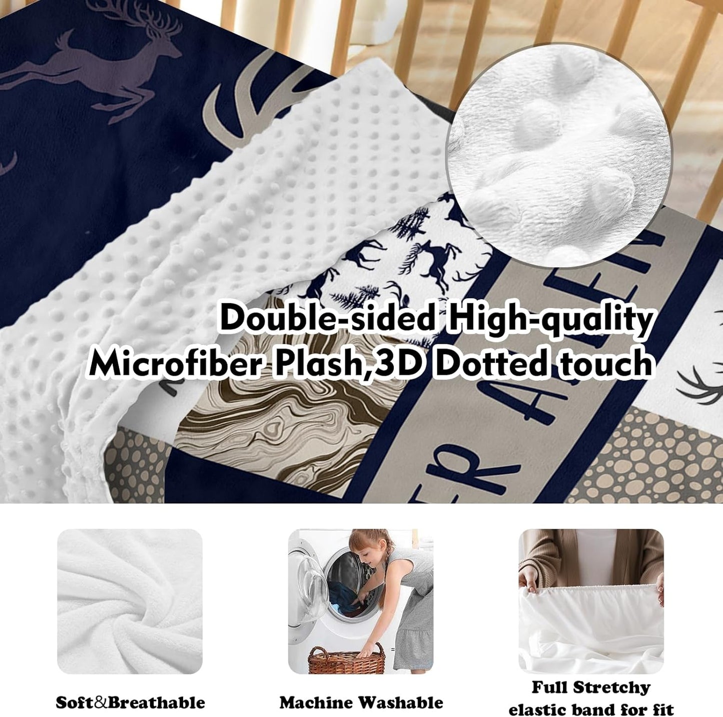 Personalized Baby Crib Bedding Set, 5-Piece Navy Deer Design Baby Crib Sets with Custom Name, Toddler Double Layer Blanket Fitted Sheets Changing Pad Cover Rug Wall Art Set, Charming Nursery Decor