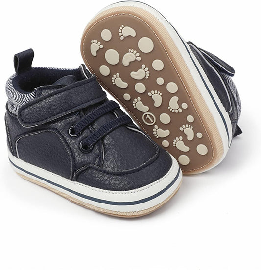 SOFMUO Baby Boys Girls High Top Ankle PU Leather Sneakers Soft Rubber Sole Infant Moccasins Newborn Oxford Loafers Anti-Slip Toddler Wedding Uniform Dress Shoes