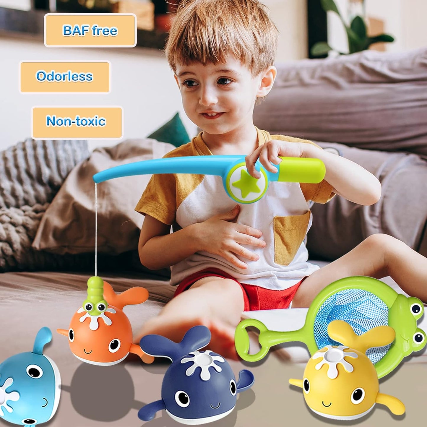 Magnet Fishing Game Bath Baby Toy for 1-3 4-8 Year Old Toddler Boys Girls,Gifts for Kid,Baby Bathtub Water Shower Pool Toys 18 Months+,4 Swimming Wind-up Whale&1 Fishing Pole&1 Net