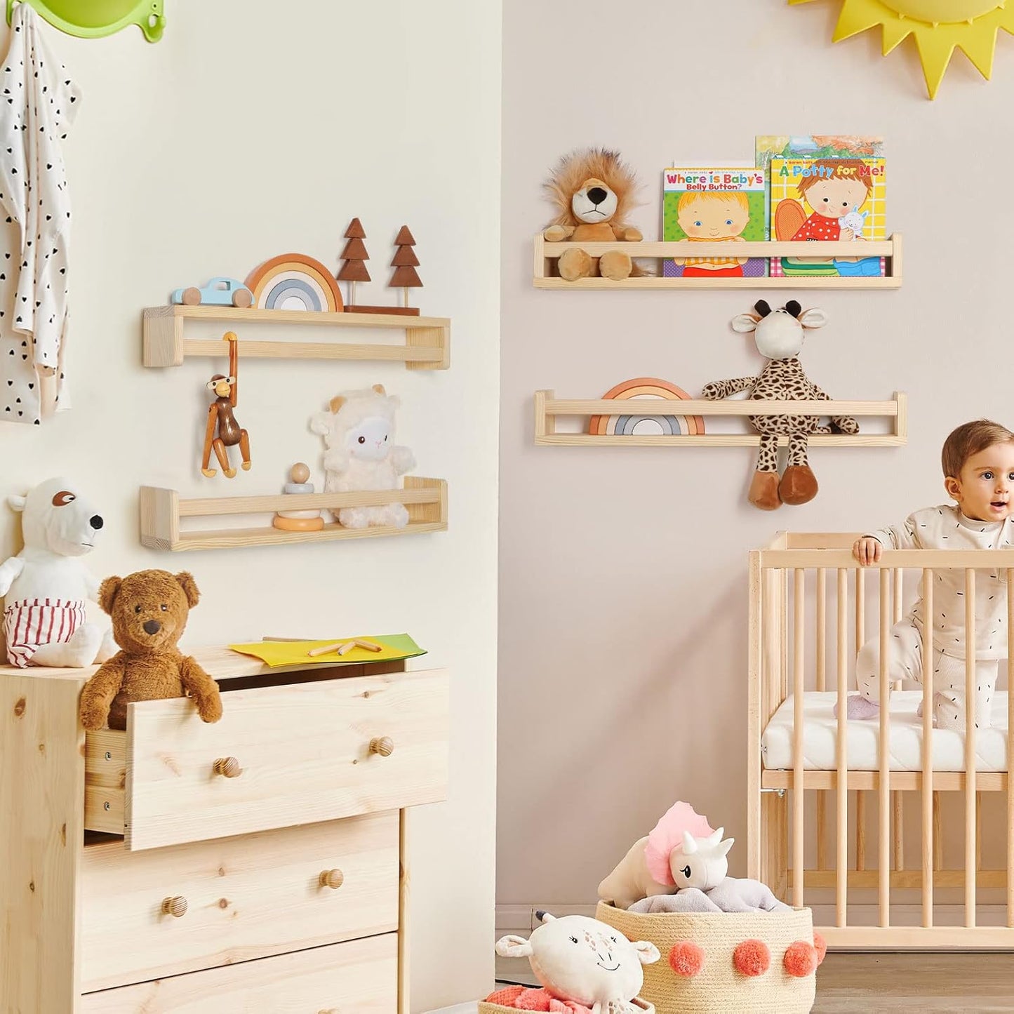 Fun Memories Nursery Book Shelves - Rustic Natural Solid Wood Floating Bookshelf for Kids - Wall Book Shelves for Kids Room (Natural, 32inch - 4P)