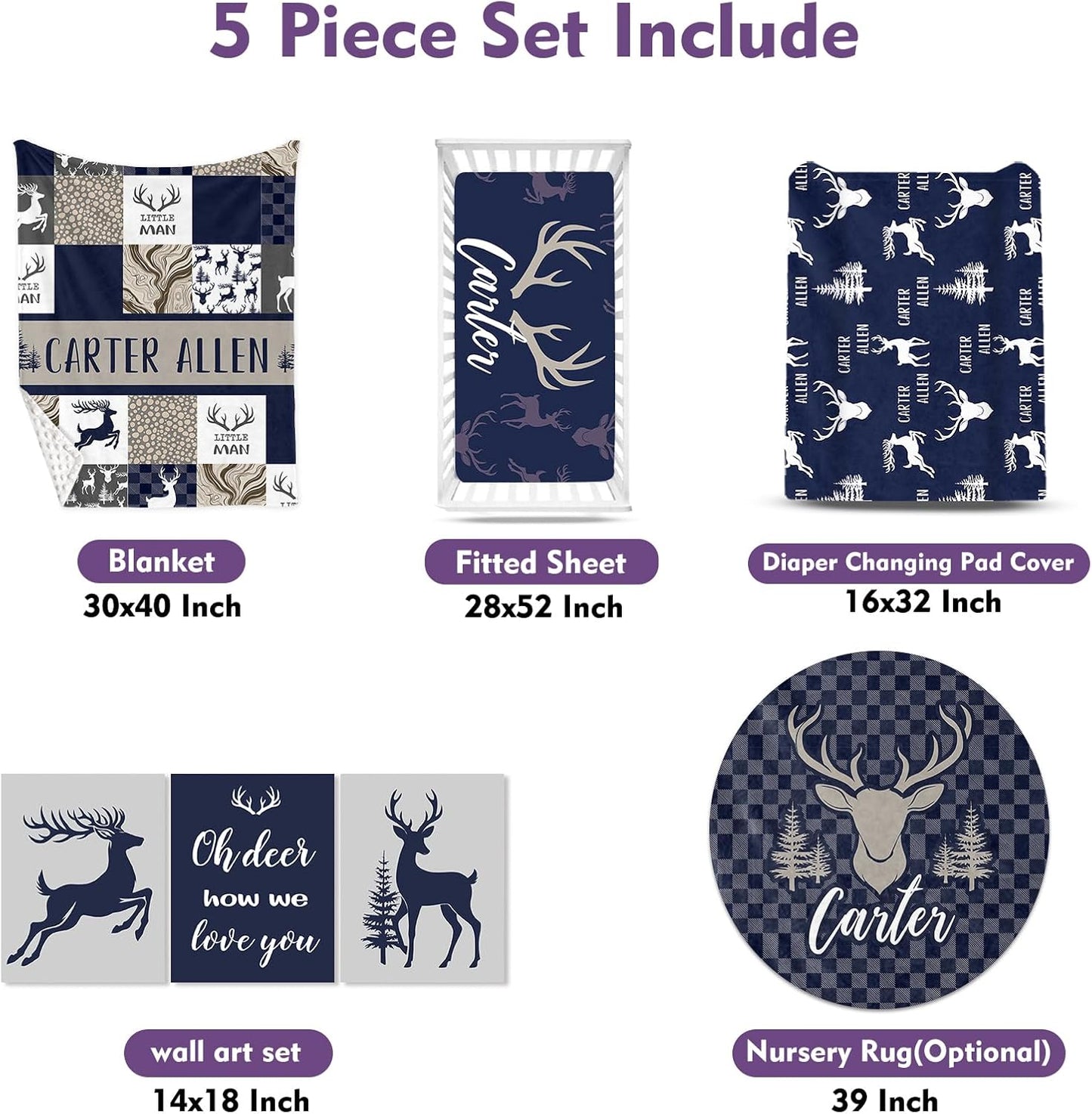 Personalized Baby Crib Bedding Set, 5-Piece Navy Deer Design Baby Crib Sets with Custom Name, Toddler Double Layer Blanket Fitted Sheets Changing Pad Cover Rug Wall Art Set, Charming Nursery Decor