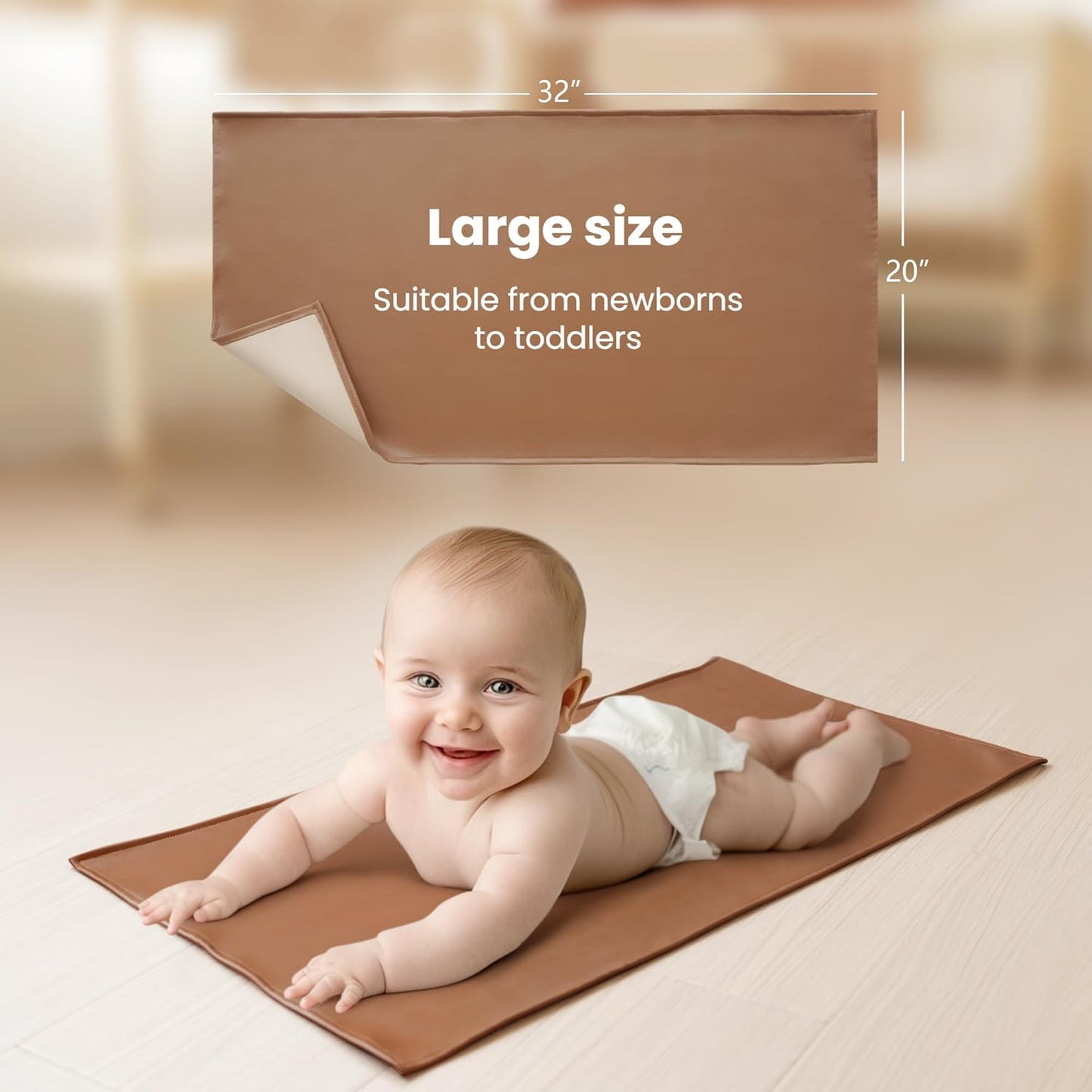 Konssy Faux Leather Baby Changing Mat, Waterproof, Wipeable & Portable Diaper Changing Pad for Travel or Home, Fits Perfectly in Diaper Bag, 32 x 20 inches (Brown,Beige)