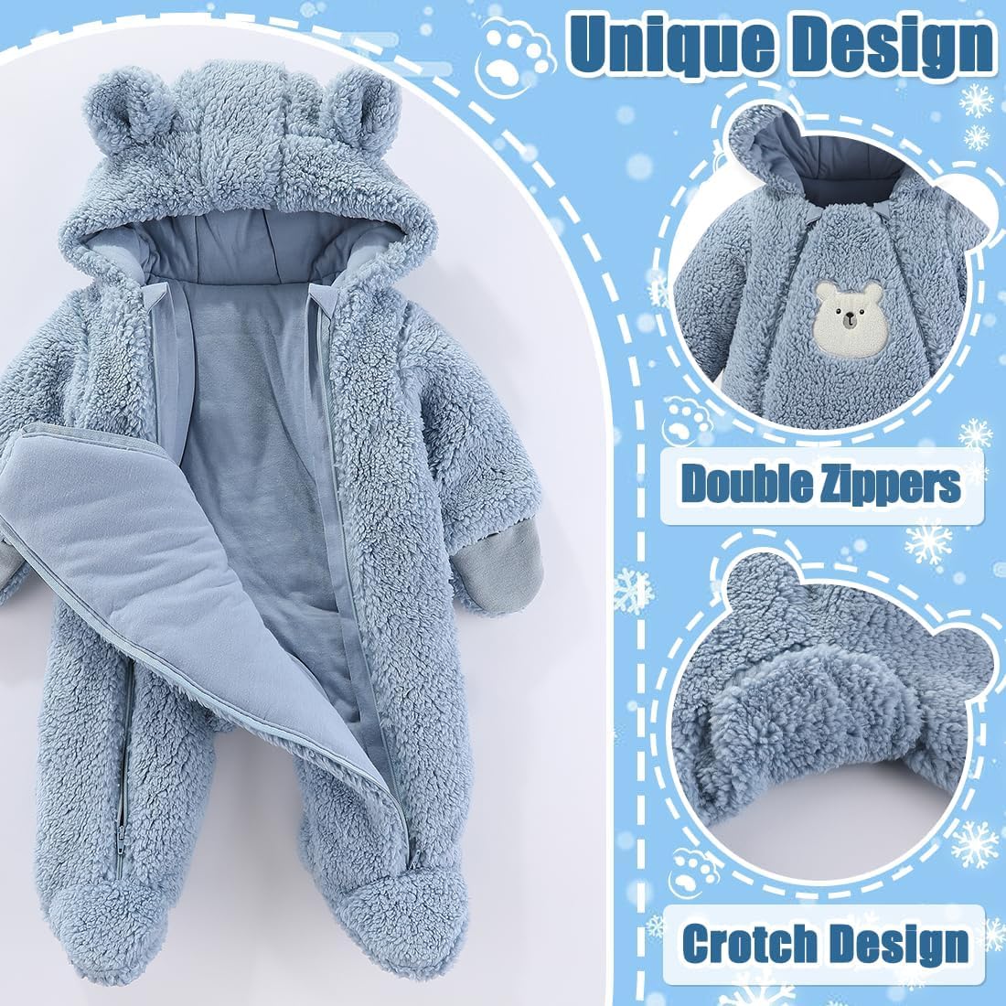 Fairy Baby Newborn Baby Winter Snowsuit Bear Thick Romper Footie Double Zip Hooded Jumpsuit Fleece Coat Infant Boy Girl 0-12M