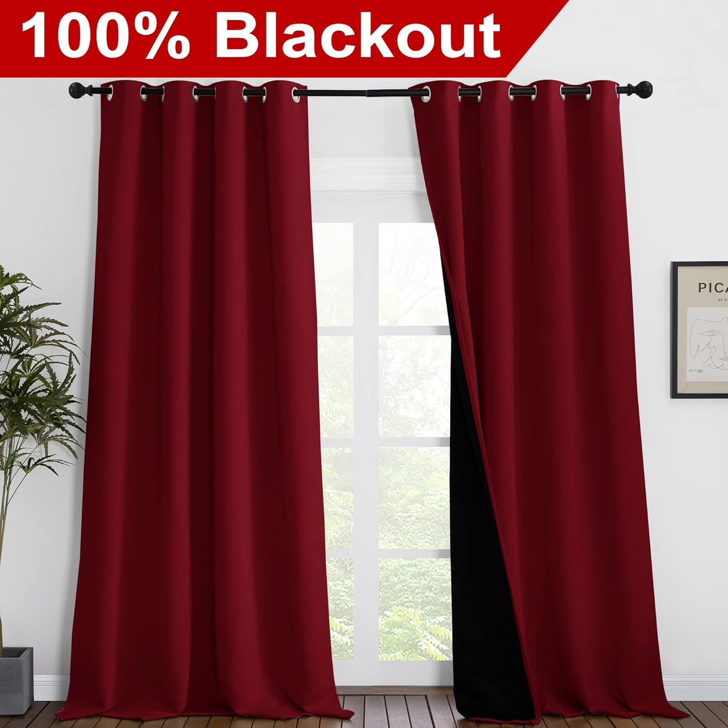 NICETOWN Truly Blackout Drapes for Living Room, Heavy-Duty Full Light Shading Curtain Set with Black Liner Backing for Villa/Hall/Dorm Window（Burgundy Red, Set of 2, 55 inches Wide x 96 inches Long
