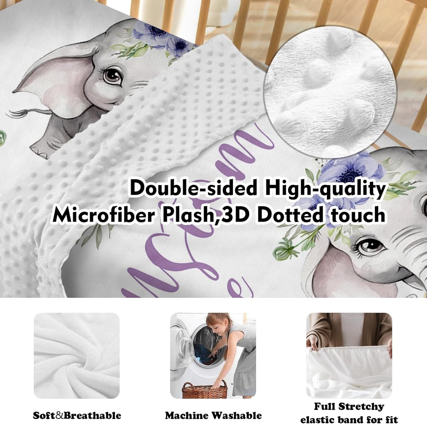 Personalized Baby Crib Bedding Set for Baby Girls, Purple Flower Pattern Elephant Theme Custom Name Baby Crib Sets 5-Pcs, Toddler Double Layer Blanket Fitted Sheets Changing Pad Cover Rug Wall Art Set