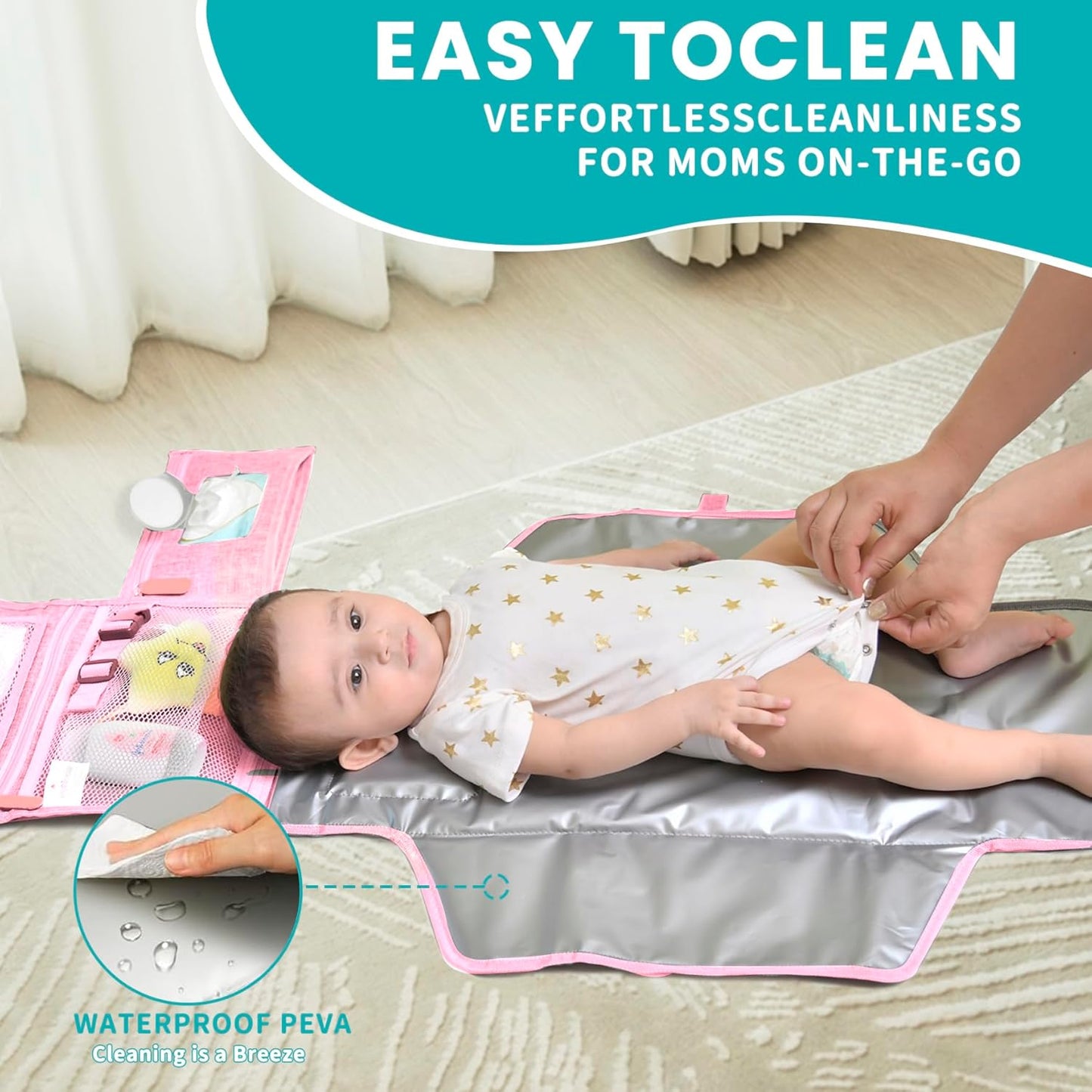 Portable Diaper Changing Pad - Baby Diaper Changer Travel Bag with Wipes Pocket, Smart Design Portable Changing Mat, Infant Travel Station Kit, Gift for Newborn Girl & Boy (Pink)