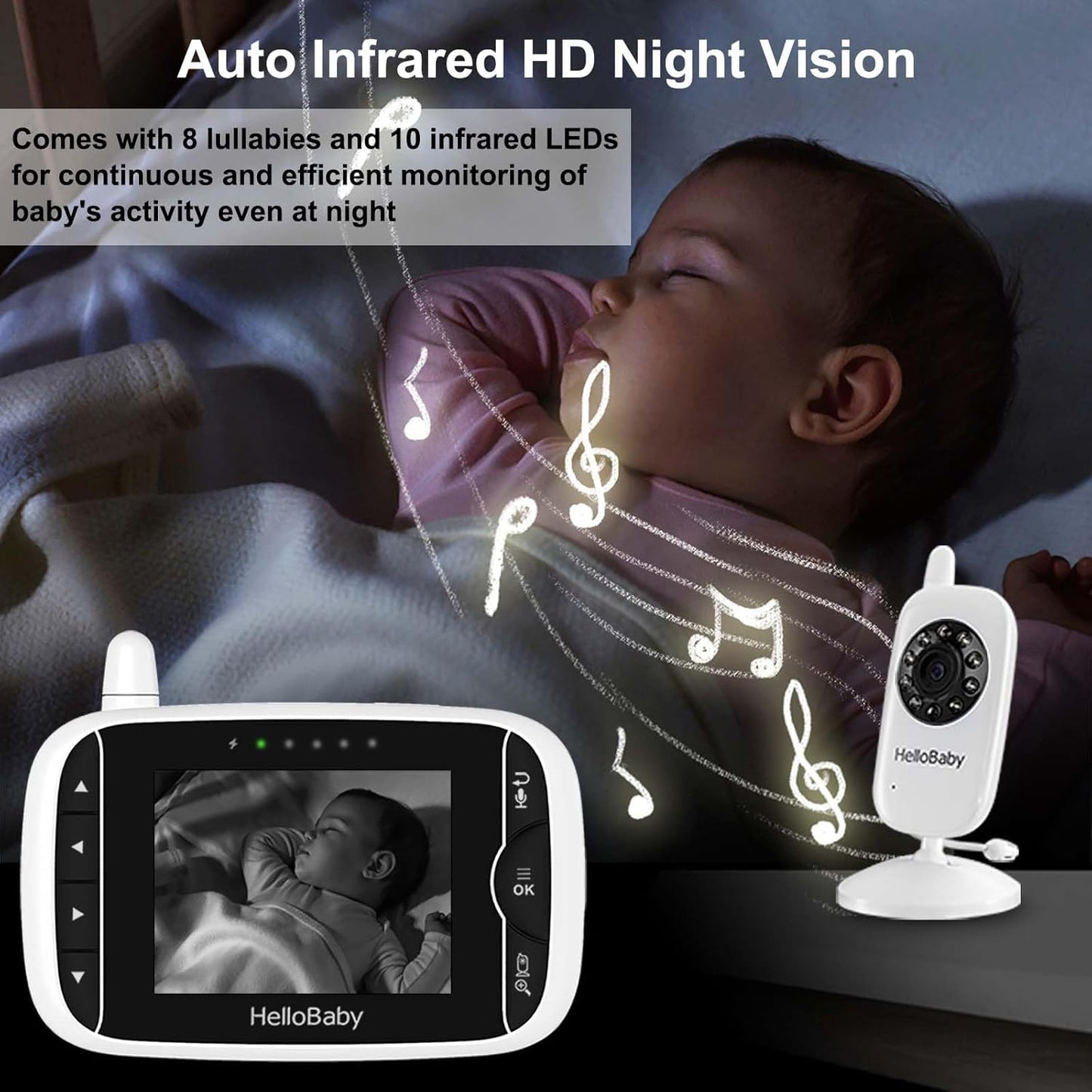 Video Baby Monitor with Camera and Audio, 3.2Inch LCD Display, Infrared Night Vision, Two-Way Audio and Room Temperature Monitoring,Lullaby,Sound Activated Screen