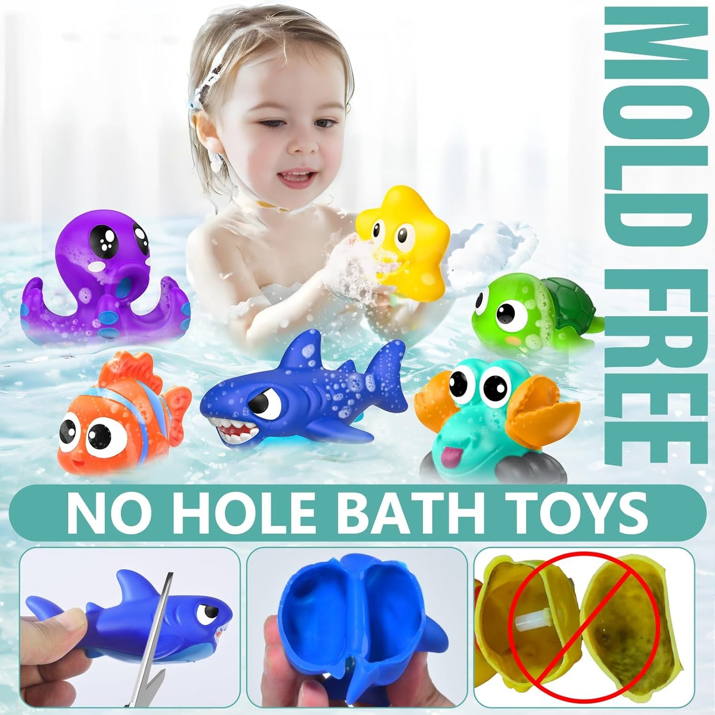 No Hole Mold Free Baby Bath Toys for Kids Ages 1-3,Water Toys for Babies and Toddlers,Ocean Animal Bath Toys for Bathtub,Shower,Beach, Pool,Water Table,Boys Girls Gifts with Storage Bag