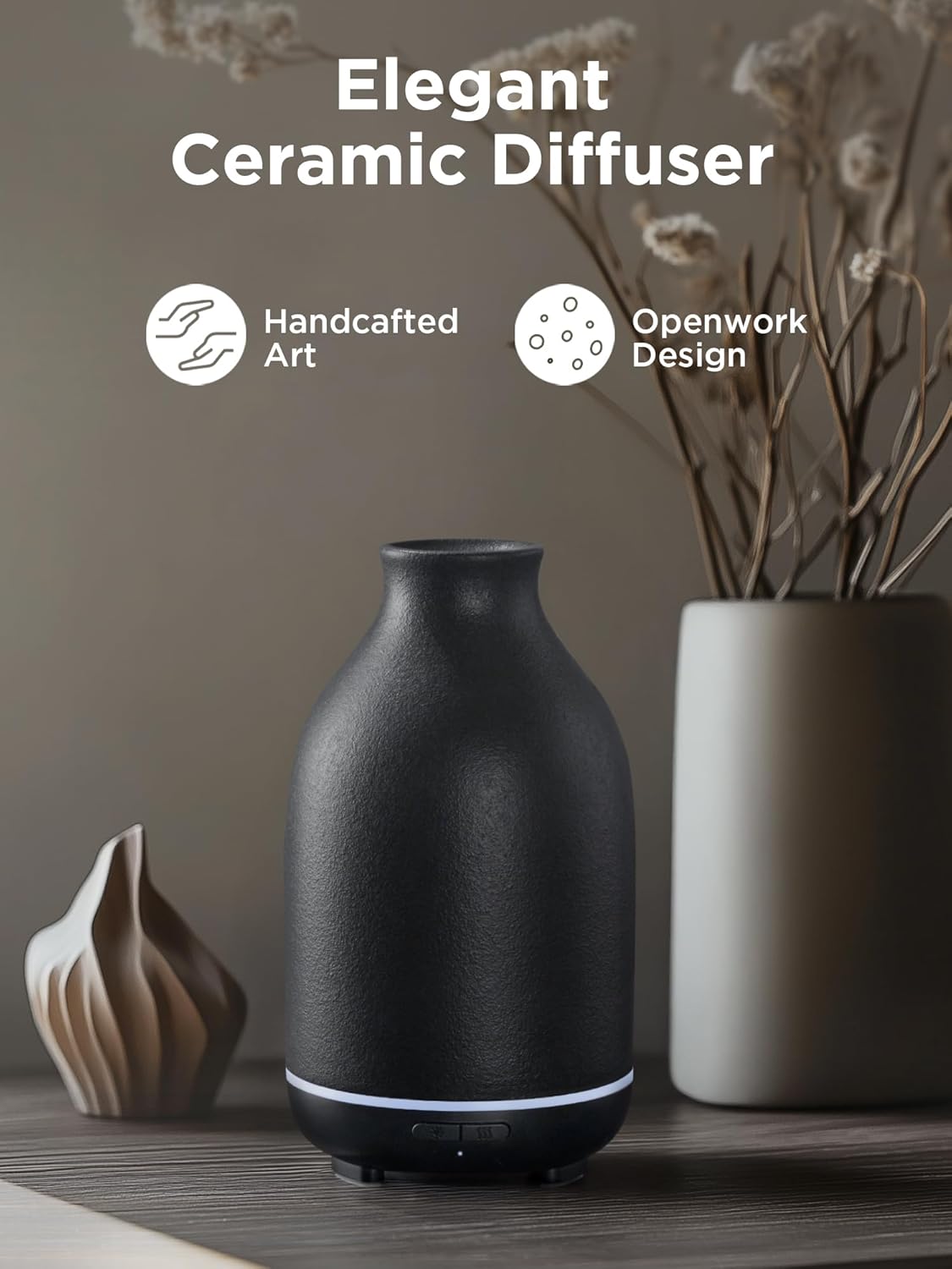 InnoGear Essential Oil Diffuser, 150ml Ceramic Stone Diffuser Handcrafted Aromatherapy Diffusers Ultrasonic Cool Mist Humidifier Vaporizor with 2 Mist Modes Waterless Auto Off for Room Office, Black