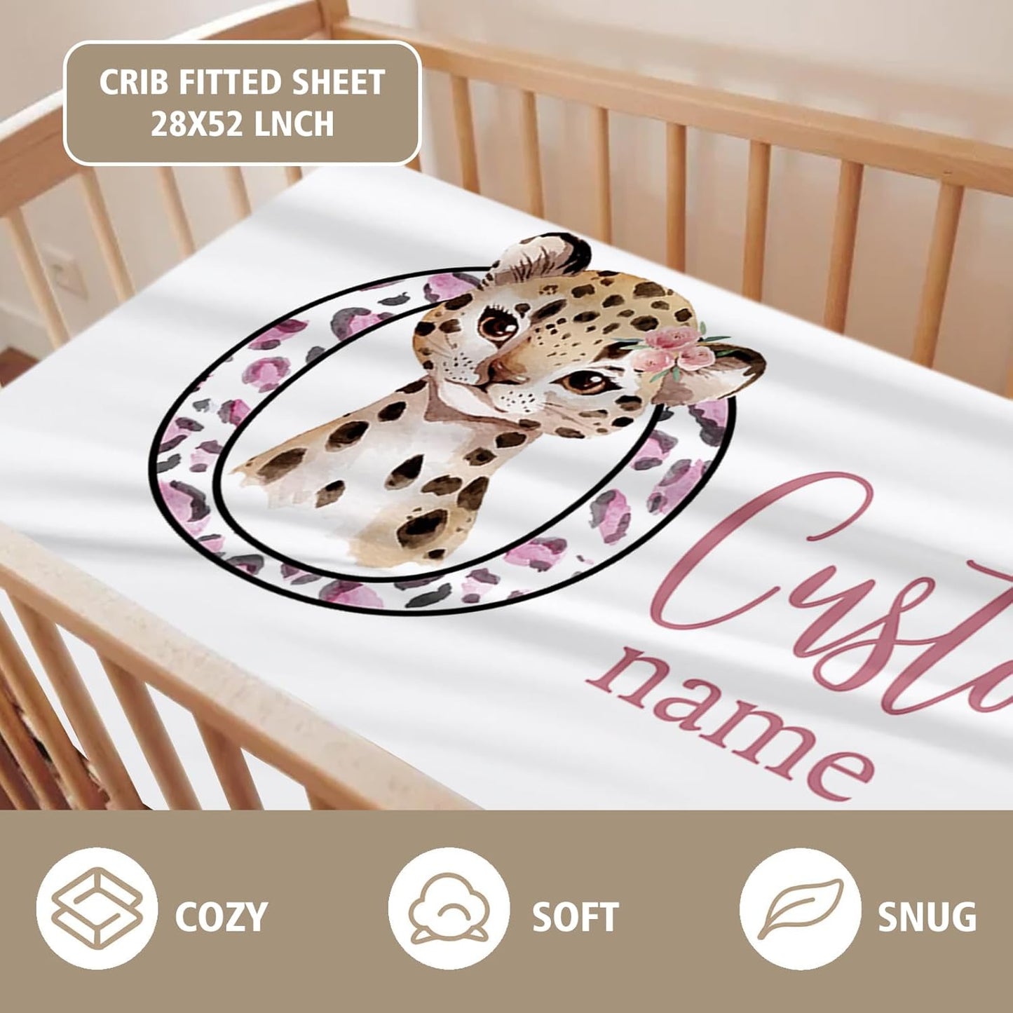Custom Name Crib Bedding Set - Pink Leopard Theme, Personalized Nursery Bedding 3-Piece Set– Soft Blanket, Fitted Sheet, Changing Pad Cover – for Newborns Girls Nursery Gifts