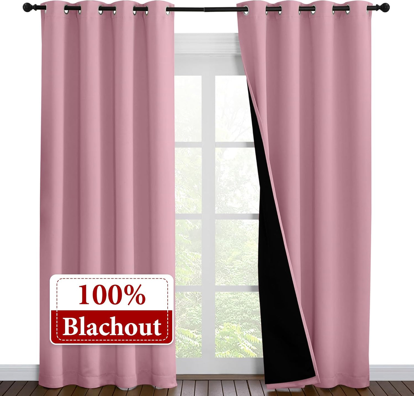 NICETOWN Total Shade Curtains and Draperies, Heavy-Duty Full Light Shading Drapes with Black Liner Backing for Villa/Hall/Dorm Window（Crystal Pink, Package of 2 Panels, 52 inches Wide x 95 inches Long