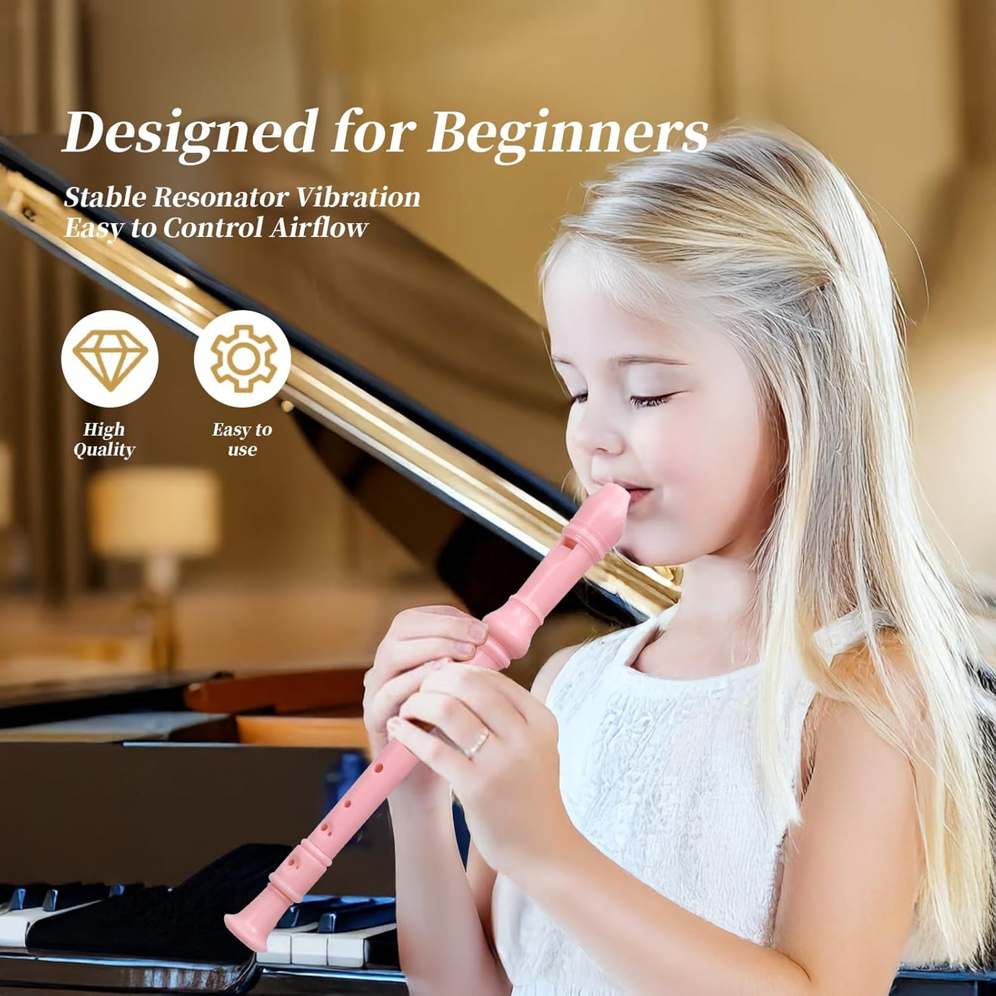 Soprano Recorder Instrument for Kids Beginners Student German Fingering C Key Recorder Instrument 3 Piece with Cleaning Rod and Bag Fingering Chart (Bright pink)