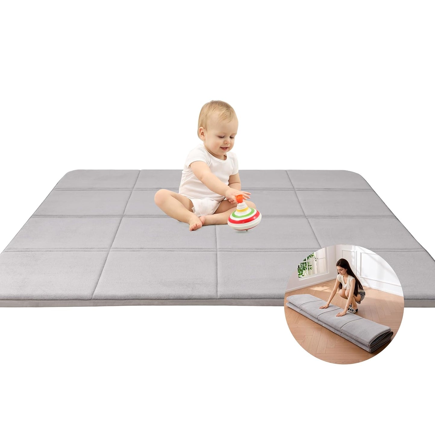 MAXYOYO 1.2" Thick Baby Play Mat for Floor, 49"x 49" Foldable Playpen Mat, Tummy Time Foam Mats Ultra Soft Support, Padded Carpet with Non-Slip Backing for Infant,Kids and Toddler Crawling, Grey