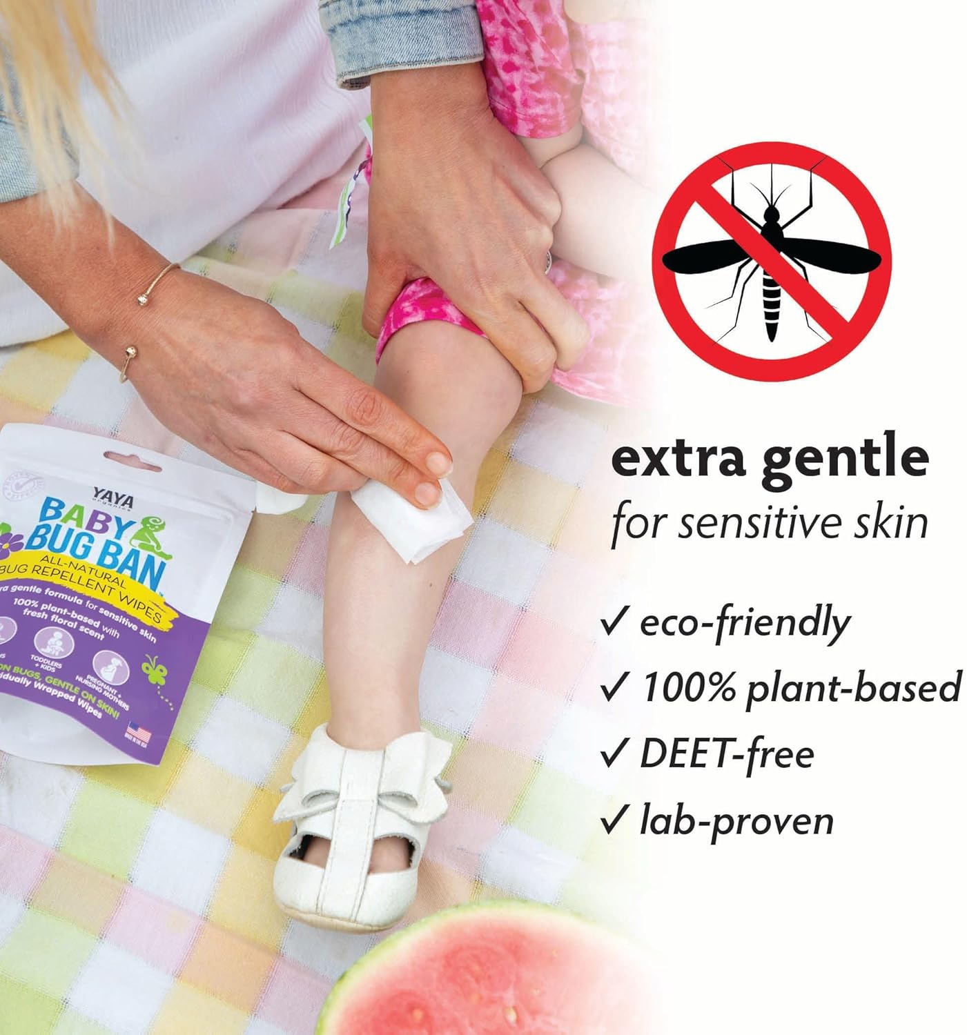 YAYA ORGANICS Baby Bug BAN Insect Repellent Wipes – All-Natural, DEET-Free, Non-Toxic, for Babies, Kids and Sensitive Skin (24 Count, Pack of 2)