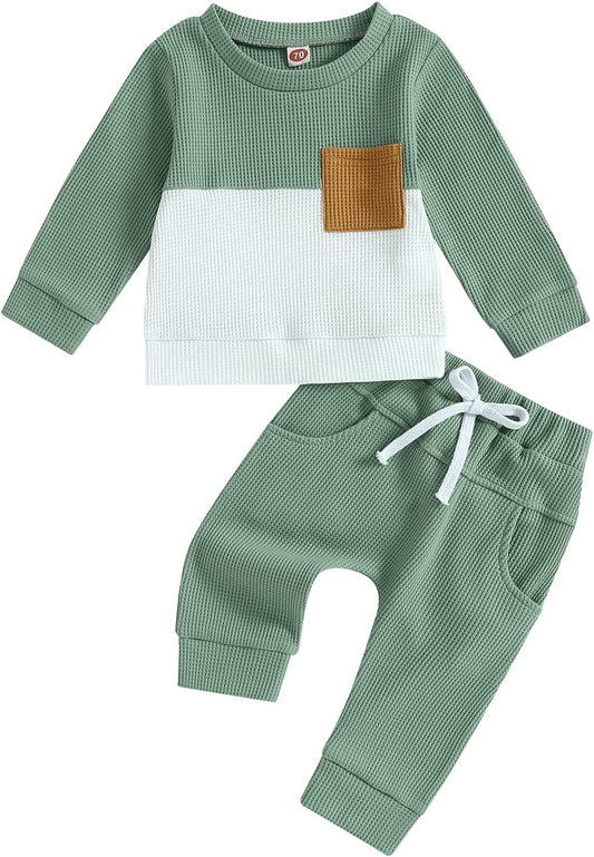 Kupretty Toddler Baby Boy Fall Winter Clothes Color Block Long Sleeve Sweatshirt Pullover Tops + Joggers Pants Outfit Set