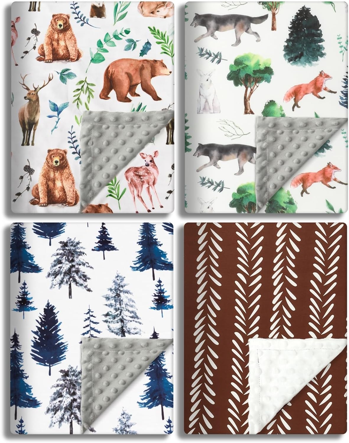 4 Pack Soft Woodland Baby Blankets（30“X40 for Unisex Girls or Boys Breathable Gender Neutral Nursery Double Layer Blankets with Dotted Backing and Animals Printed for Newborn Toddlers (Animal Print)