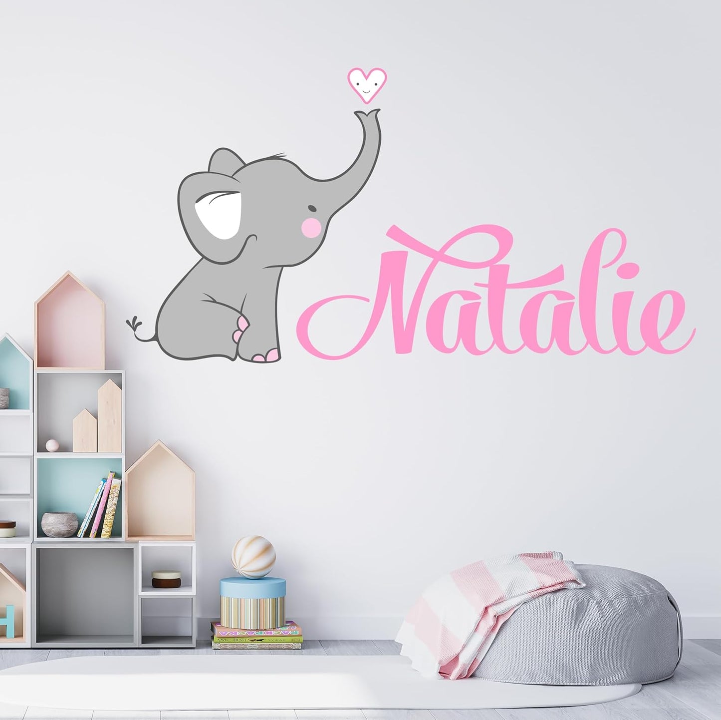 Decor Designs Decals Girls Nursery Baby Grey and Pink Elephant Custom Name Personalized Wall Decal Sticker for Playroom Decor or Baby's Room (Multi-Sizes) (Name, Without Initial)