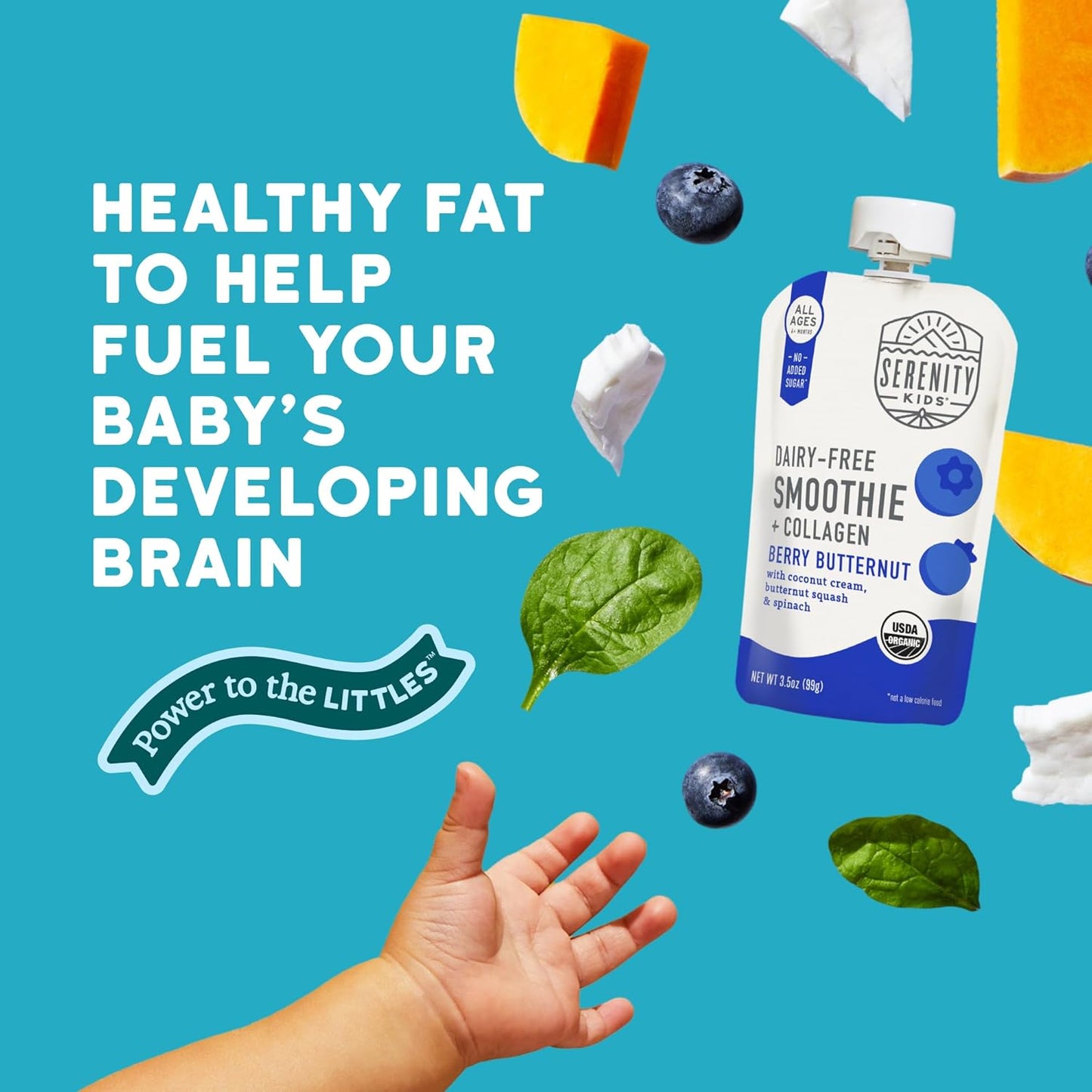 Serenity Kids 6+ Months Dairy-Free Smoothie Baby Food | USDA Organic | Grass Fed Collagen Protein | 3.5 Ounce BPA-Free Pouch | Berry Butternut | 12 Count