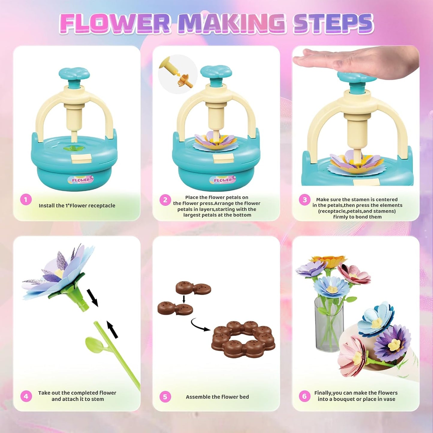 Plunack Flower Bouquet Toys Kits for Kids Age 4-8, Flower Press Kit DIY Flowers Making Craft Kit for 4 5 6 7 Year Old Girls Arts & Crafts Toys Educational Handmade Activity Set, Gift for Girls 3+