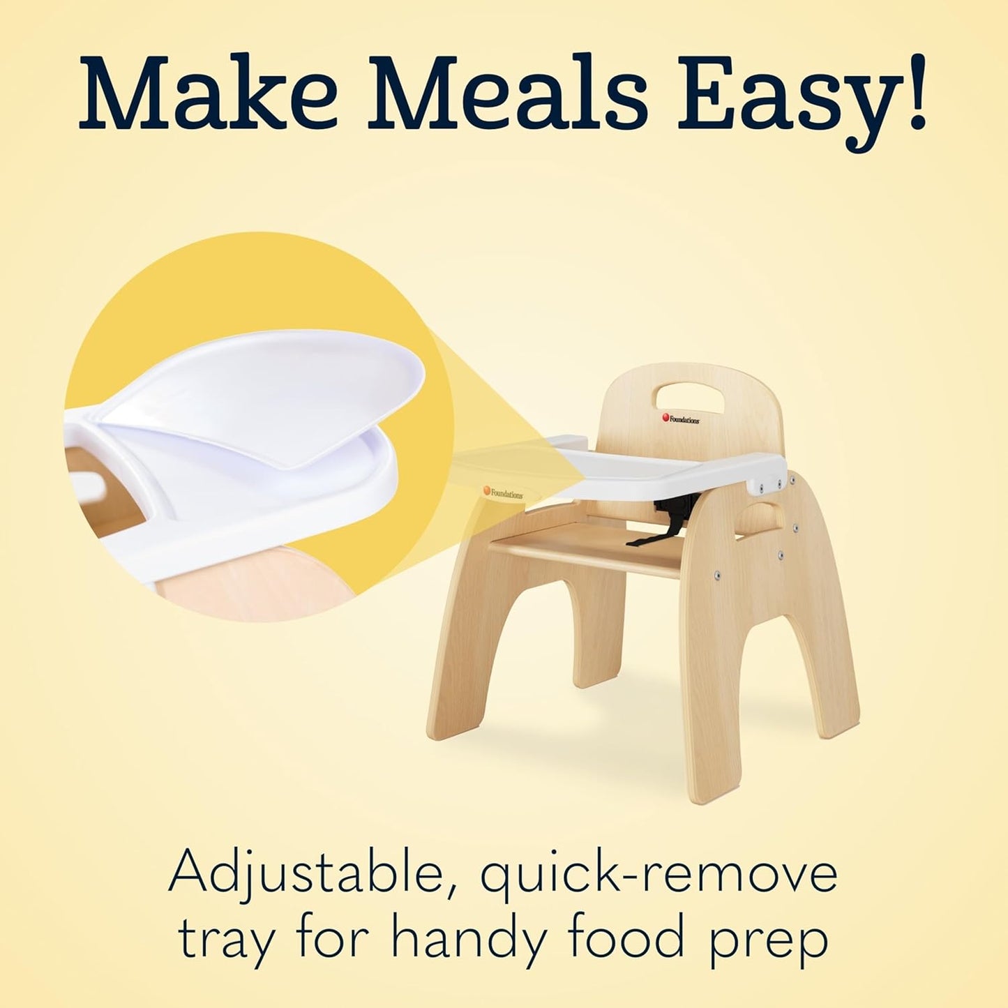 Foundations Easy Serve Low Wood Feeding Chairs Multipack, Adjustable Harness, Removable Dishwasher Safe Tray, No-Tip Base, Stackable Toddler Chairs, 2 Pack (7 inch)