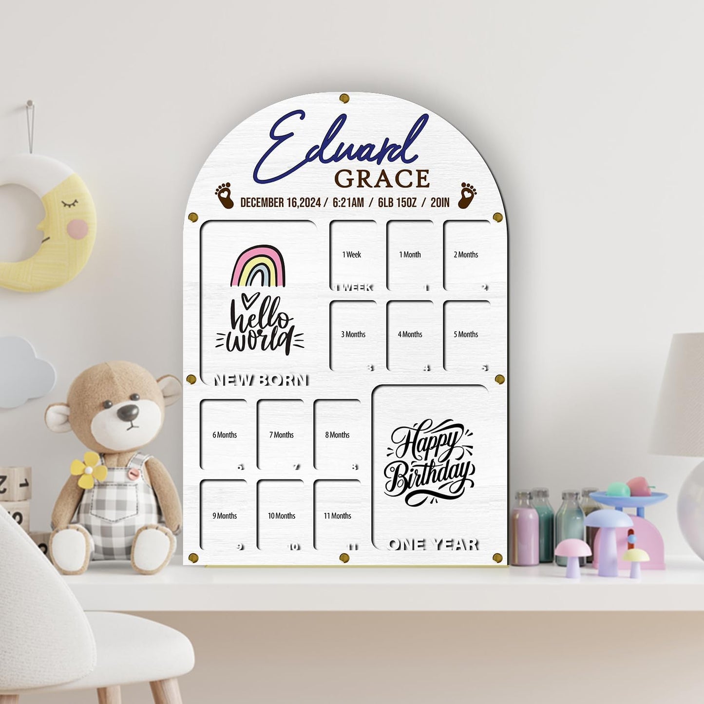Personalized My First Year Photo Frame | 12 Months Picture Frame For Baby First Year | Displays Two 4x6 Photo and Twelve 2x3 Pictures | Birthday Party Decor Newborn Memory Keepsake, Rainbow