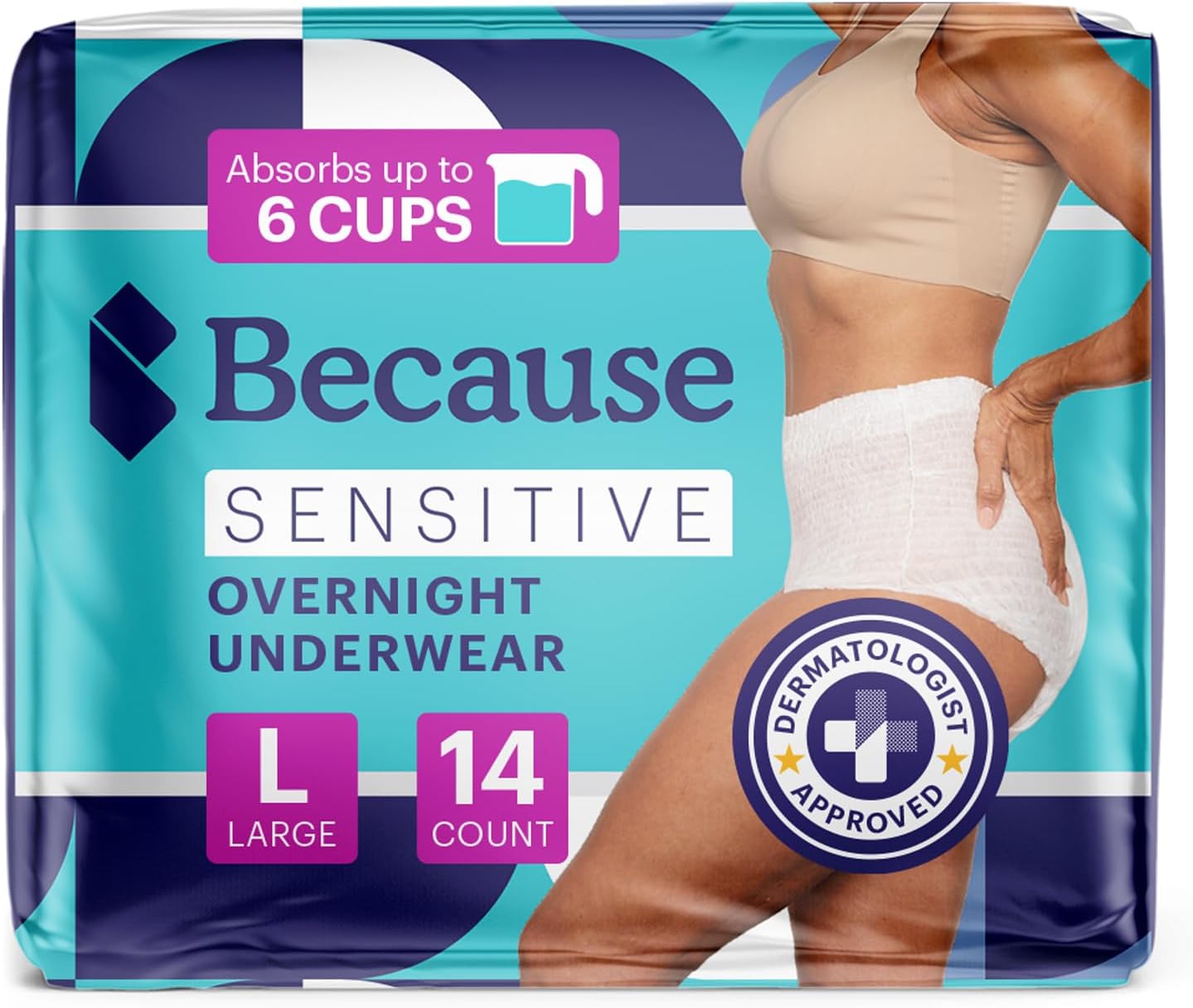 Because Adult Incontinence Underwear for Sensitive Skin - Women - Premium Overnight Disposable Briefs, Anti Odor - White, Large - Absorbs 6 Cups - 14 Count (Pack of 1)