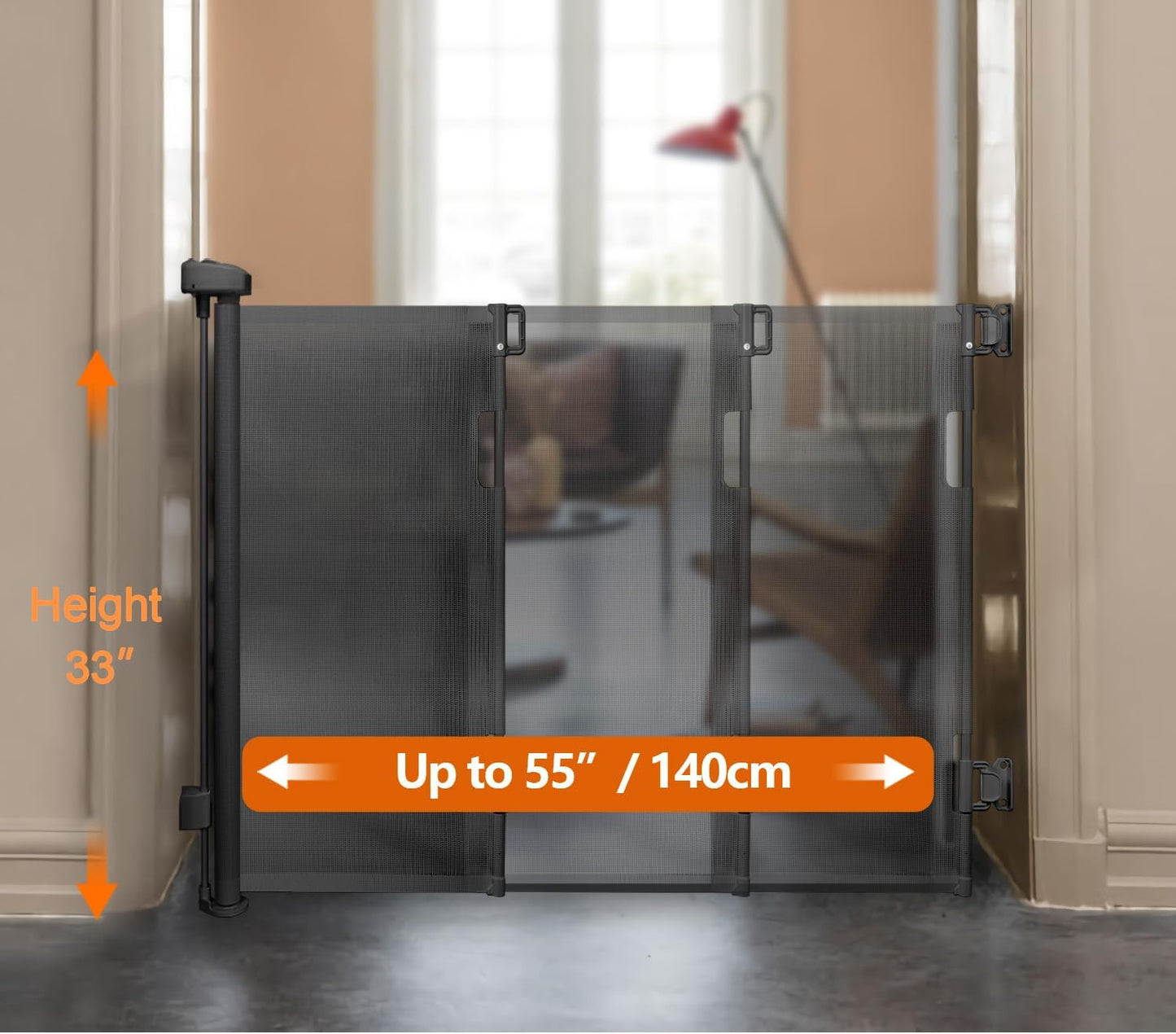 Retractable Baby Gate,Mesh Baby Gate or Mesh Dog Gate,33" Tall,Extends up to 55" Wide,Child Safety Gate for Doorways, Stairs, Hallways, Indoor/Outdoor, Grey