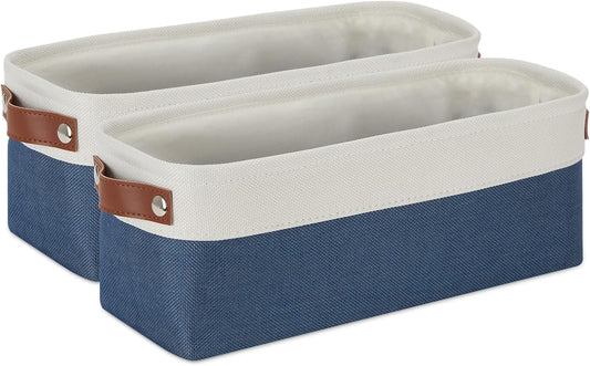 DULLEMELO Toilet Paper Baskets for Storage 15"x6"x5.5" Small Rectangular Baskets for Towels [2 Pack] Collapsible Fabric for Organizing Closet,Shelf,Toys (White&Blue)