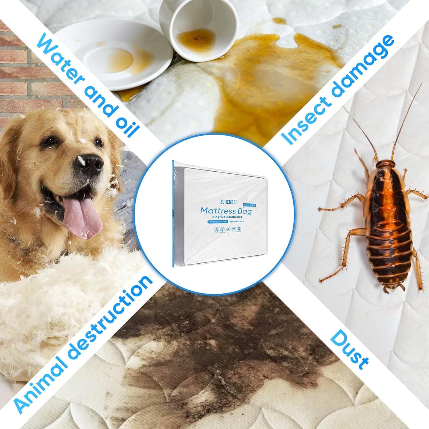 ZCHENBS® – Mattress Bags for Moving and Storage,Mattress Bag with Zippers,5 Mil Ultra-Thick Bed Bag,Waterproof,Anti-Tear,Heavy-Duty Mattress bag (Transaparent/Blue, King/California King-(2 Pack）)