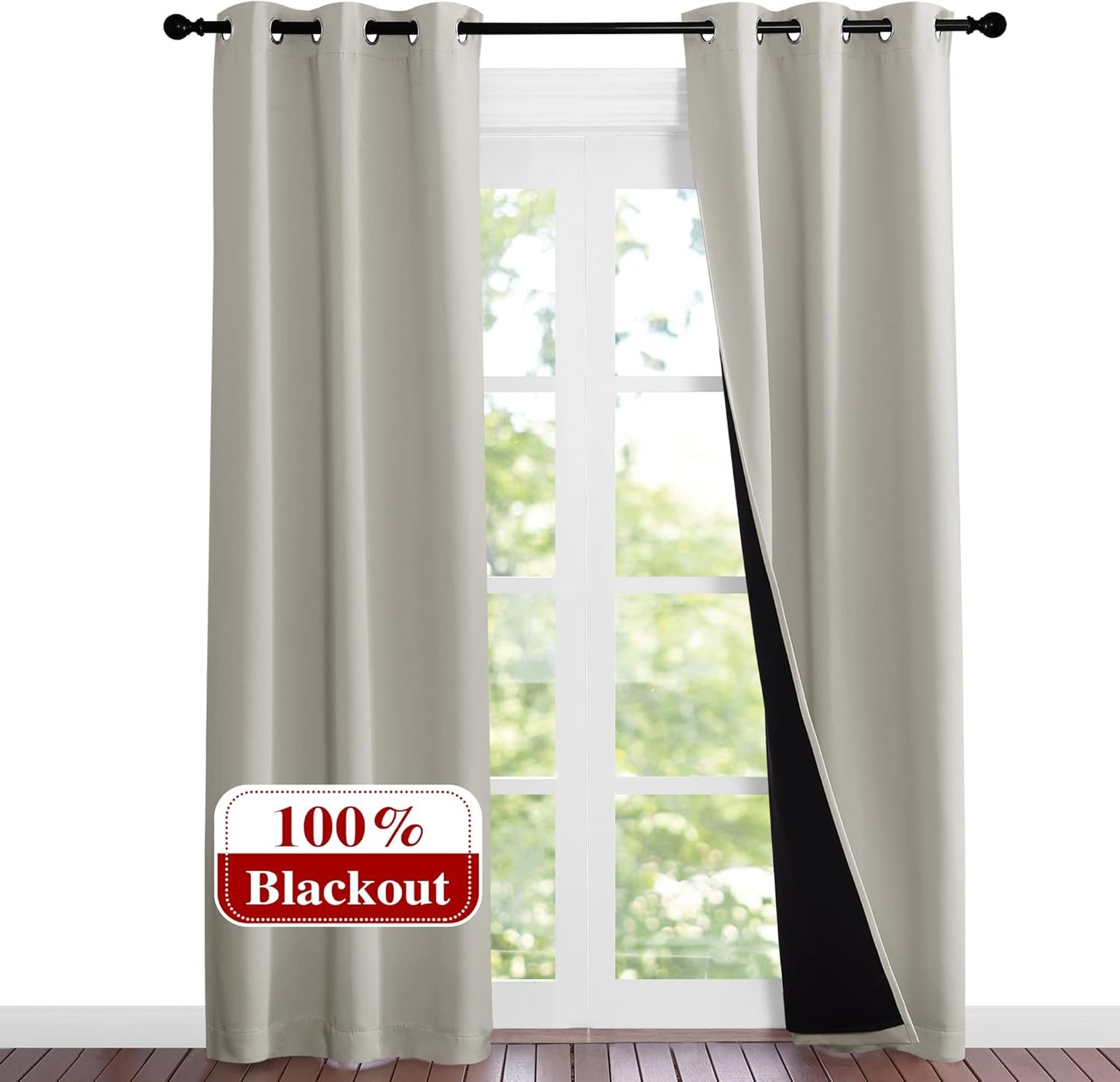 NICETOWN Natural Blackout Curtains 80 inches Long, 2 Pieces, 37" Wide Each Panel, Full Light Blocking Drapes with Black Liner for Nursery, Noise Reducing Thermal Insulated Draperies for Doorway