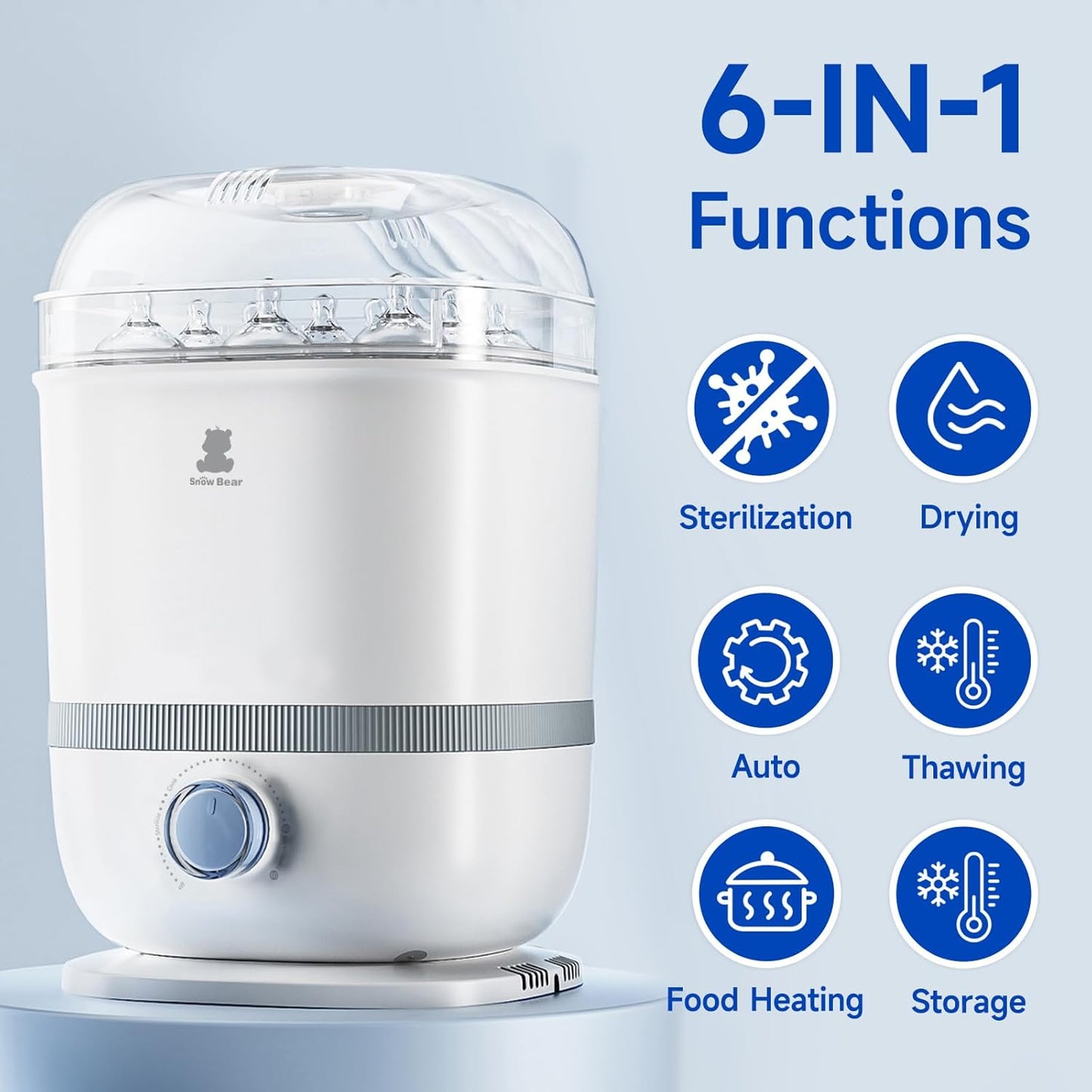 Snow Bear Baby Bottle Sterilizer and Dryer, 6-in-1 Electric Steam Bottle Sterilizer for Baby Bottle & Pacifiers, Breast Pump Parts, Large Capacity 13 Bottles, Fast Drying, Easy to Clean
