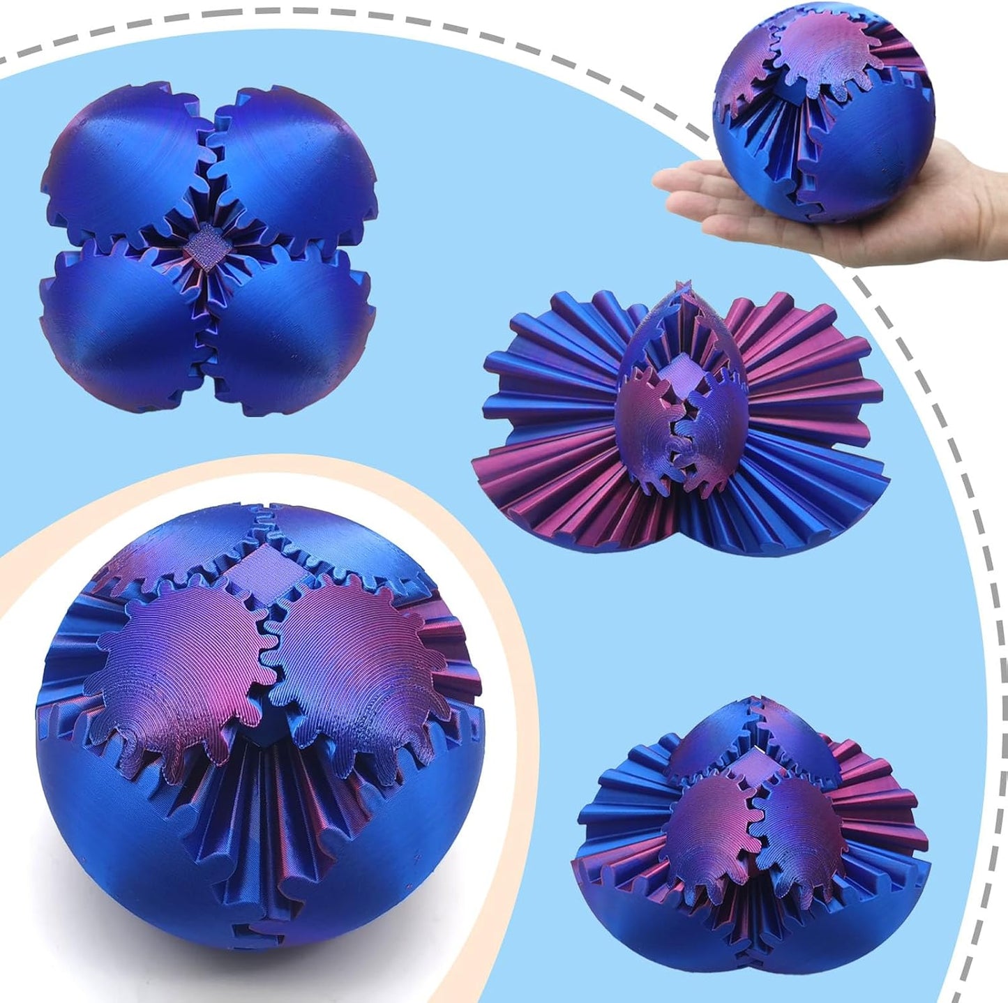 3D Printed Gear Ball Spin Ball, 4inch Large Gear Ball Fidget Toy, Gear Sphere Cube Puzzle, Gearball Fidget Desk Toy, Gearsphere Steampunk Whirling Wonder Fidget Stress Ball (Blue Hot Pink)