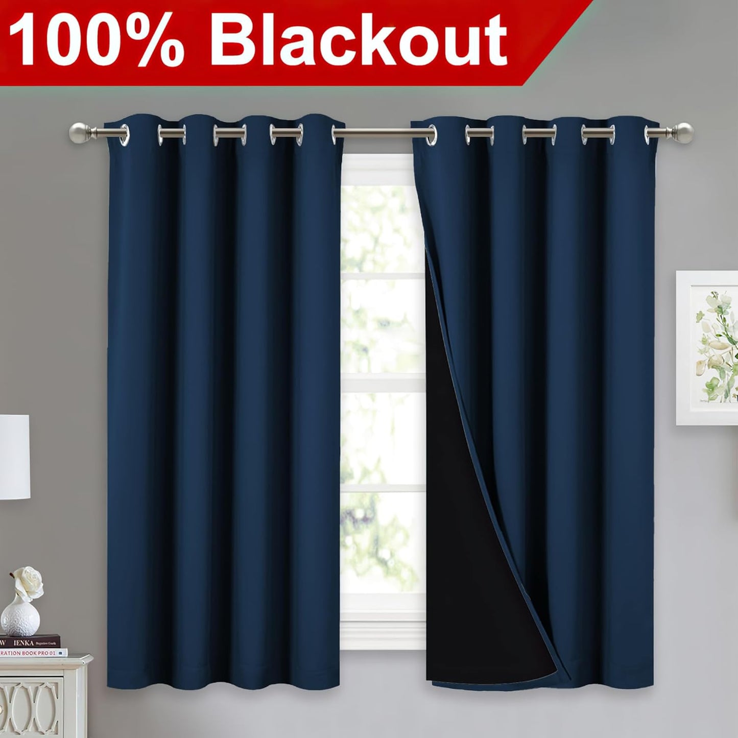 NICETOWN 100% Blackout Curtains with Black Liners, Thermal Insulated Full Blackout 2-Layer Lined Drapes, Noise Cancellation Window Draperies for Dining Room (Moroccan Blue, 2 Panels, 52" W by 54" L)