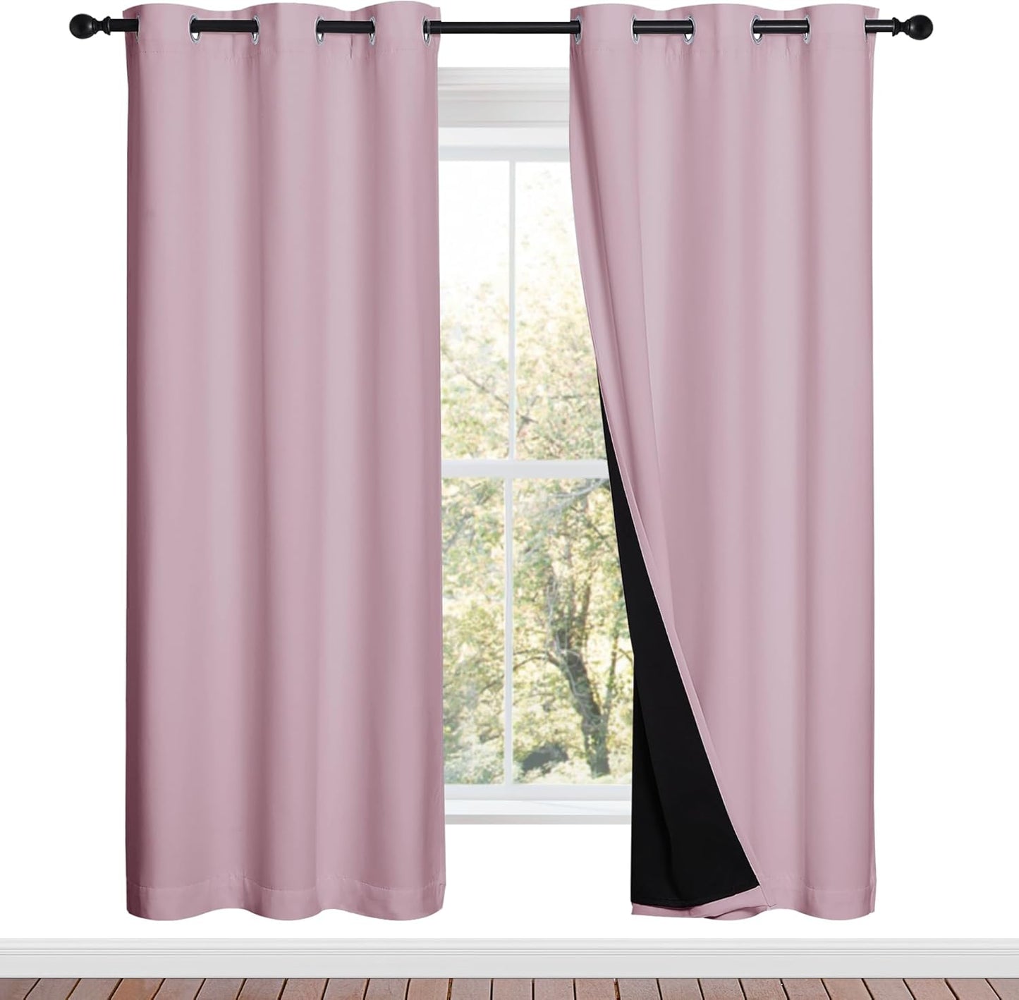 NICETOWN 100% Blackout Window Curtain Panels, Baby Pink, 2 Pieces, 42-inch Wide Per Panel, Full Light Blocking Drapes with Black Liner for Nursery, 72-inch Drop Thermal Insulated Draperies