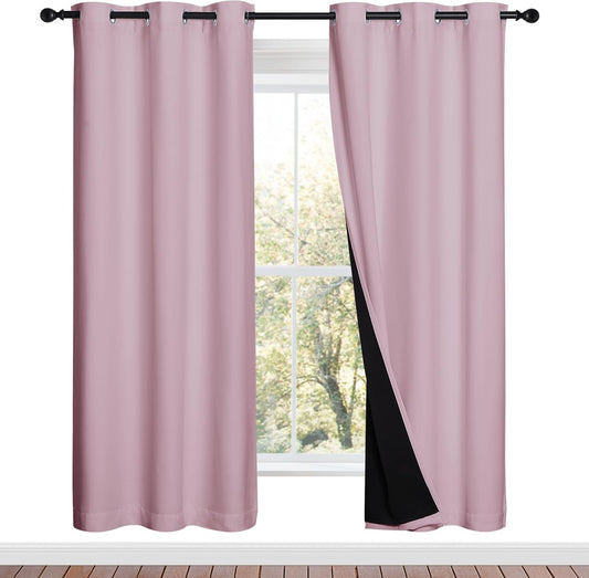 NICETOWN 100% Blackout Window Curtain Panels, Baby Pink, 2 Pieces, 42-inch Wide Per Panel, Full Light Blocking Drapes with Black Liner for Nursery, 72-inch Drop Thermal Insulated Draperies