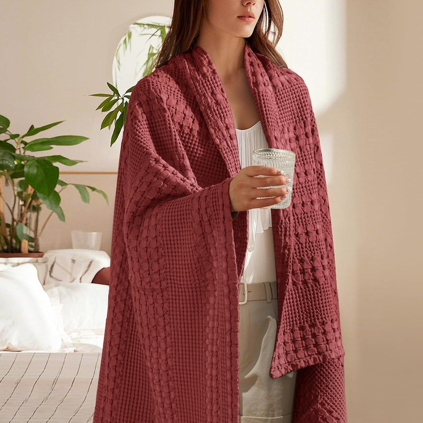 PHF 100% Cotton Waffle Weave Throw Blanket, Soft Lightweight Breathable Cozy Summer Throws for Couch Bed Sofa, Luxury Aesthetic Woven Blanket for Home Decor & Office, 50"x60", Wine Red