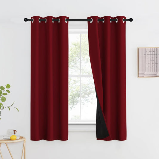 NICETOWN 100% Blackout Curtains with Black Liner Backing, Thermal Insulated Curtains for Living Room, Noise Reducing Drapes for Christmas, Burgundy Red, 37" x 60" Per Panel, Set of 2