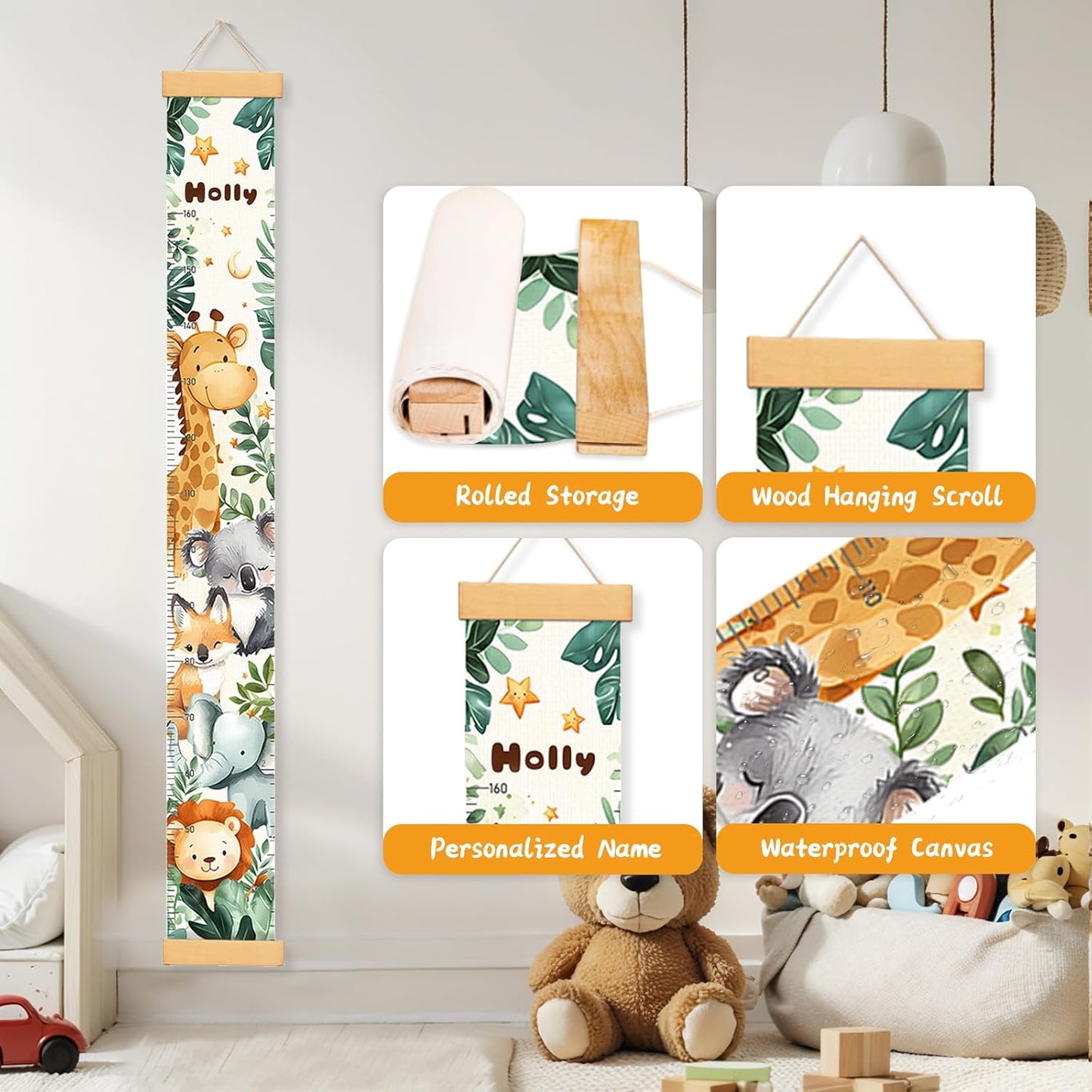Personalized Name Baby Growth Height Chart Handing Ruler Wall Decor for Kids, Animals Canvas Removable Height Growth Chart, Nursery Decor, Toddler Kid Room Decoration, Hangable