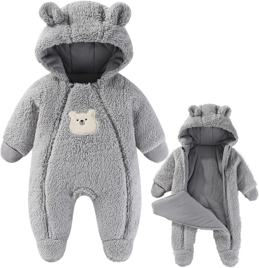 Fairy Baby Newborn Baby Winter Snowsuit Bear Thick Romper Footie Double Zip Hooded Jumpsuit Fleece Coat Infant Boy Girl 0-12M
