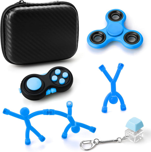 Fidget Toy Kids, ADHD Fidget Toys Adults, Fidget Toys Adults Anxiety with Mini Magnetic Man, Fidget Spinner, Fidget Keychain Keyboard, Fidget Pad (Blue)
