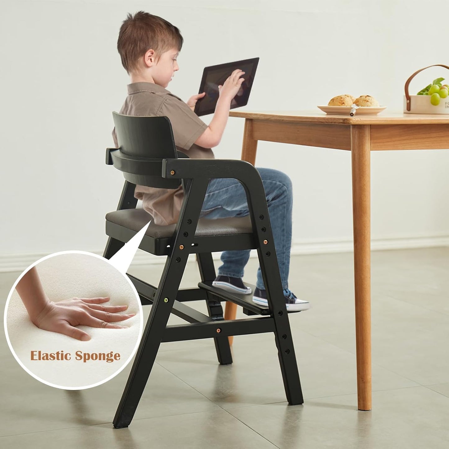 Solid Wood high Chairs for Toddlers,High Chair Grows with Kid for Dining, Study Chair for Children, Black