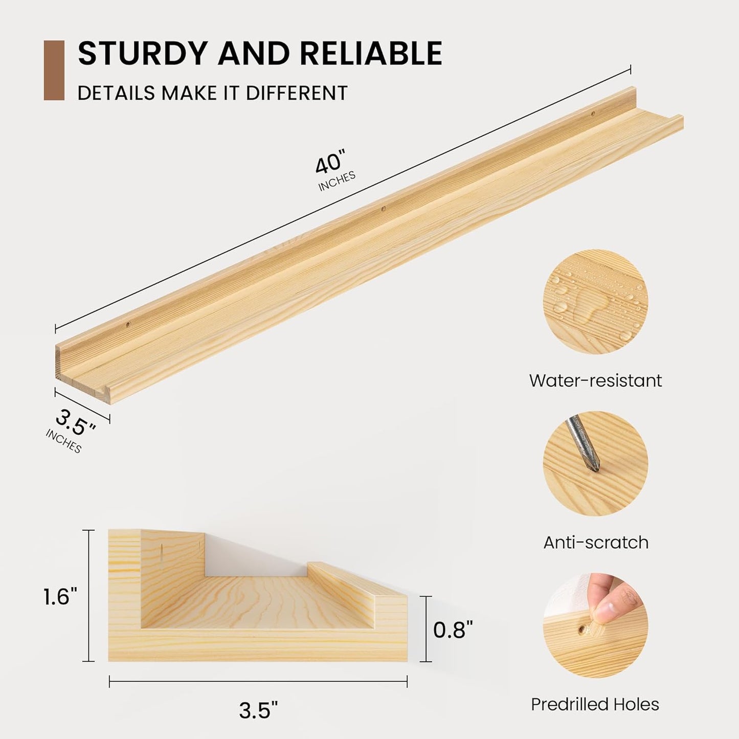 Picture Ledge Shelf, Solid Pine Wood Floating Shelves Set of 2, 40 Inches Nursery Book Shelves for Toys Storage, Kids Bookshelf Wall Mounted for Living Room Decor Photo Frames, Unfinished Natural