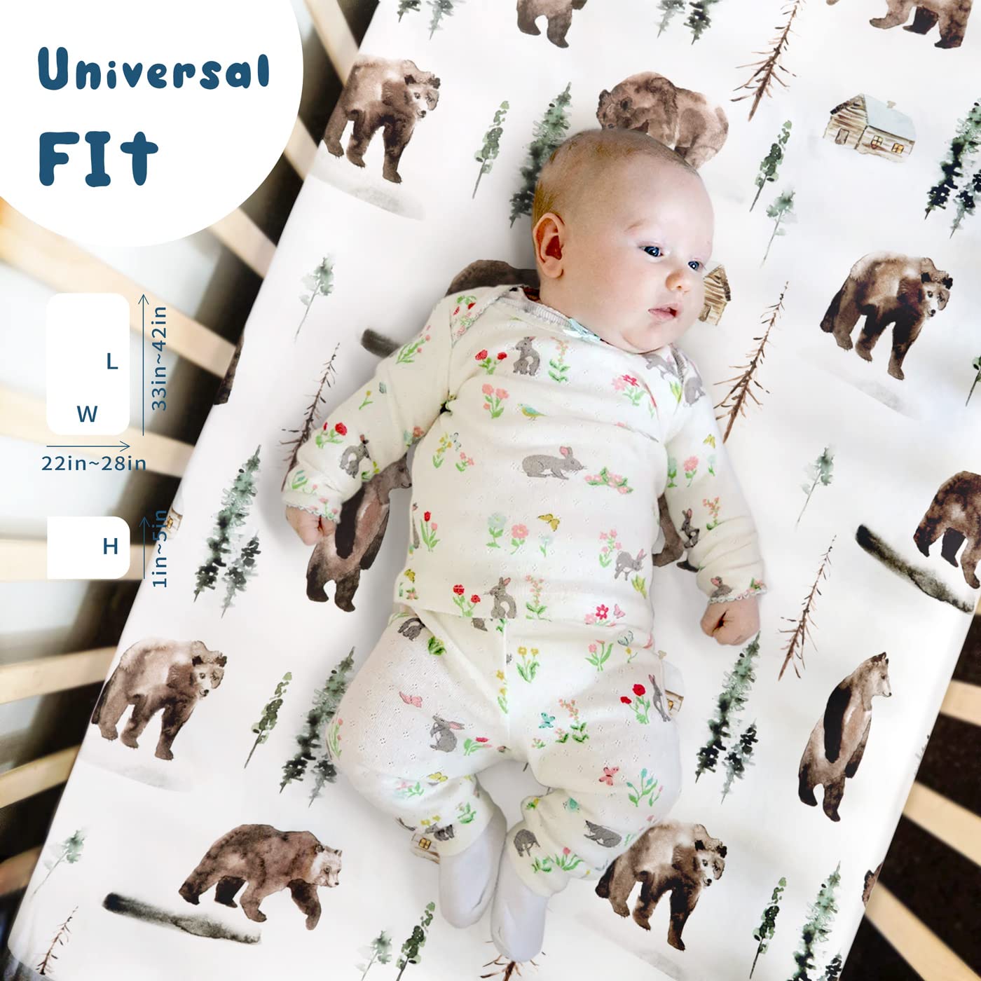 GRSSDER Stretchy Ultra Soft Jersey Knit Fitted Pack n Play Sheets Set 2 Pack, Neutral Portable/Mini Cribs Sheets, Fit Playpen Mattress Pads Safe and Snug, Jungle Bear/Rainbow for Baby