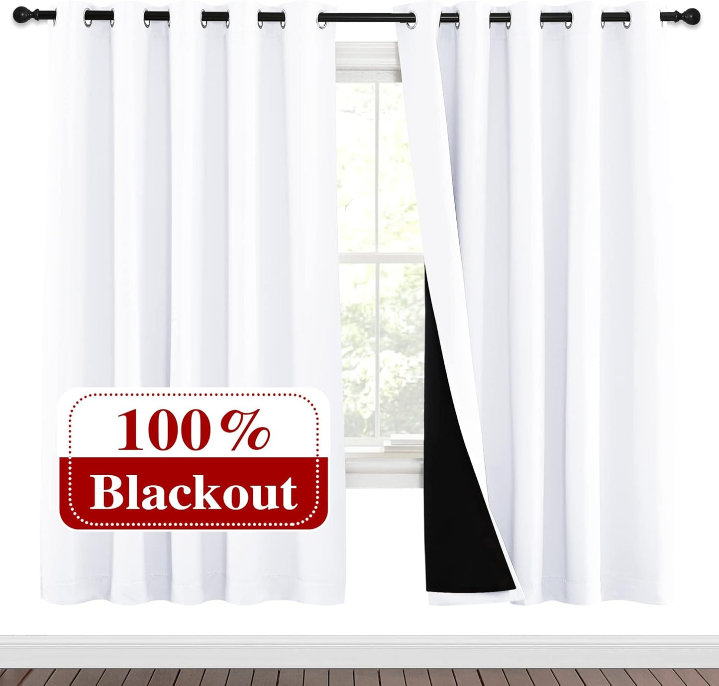 NICETOWN 100% Blackout Window Curtain Panels, Full Light Blocking Drapes with Black Liner for Nursery, 72-inch Drop Thermal Insulated Draperies (White, 2 Pieces, 70-inch Wide Per Panel)