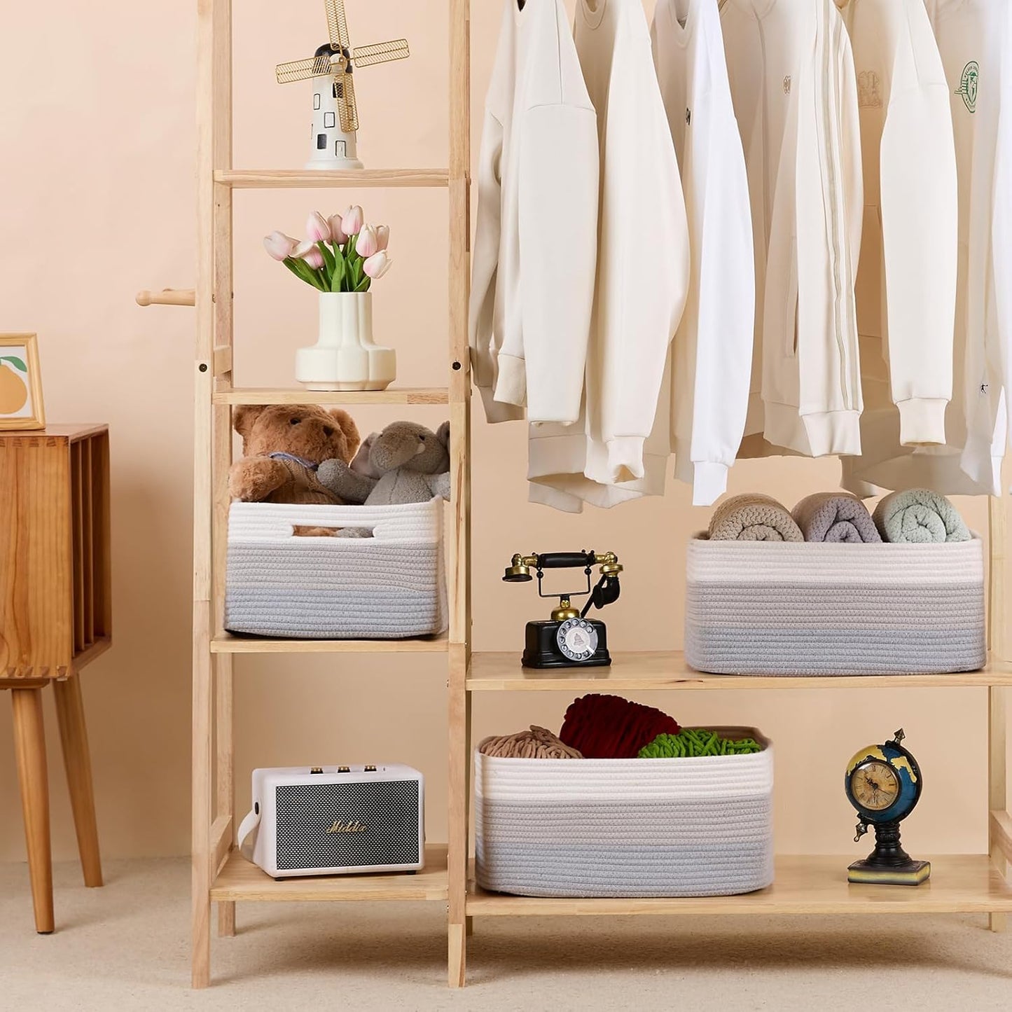 Large Storage Baskets for Shelves, Closet Organizers Bins for Clothes Blanket Towels, Baby Nursery, Toy Baskets Box, Woven Rope Baskets, 17 x 13 x 7.5”, 3 Packs Gradient Grey