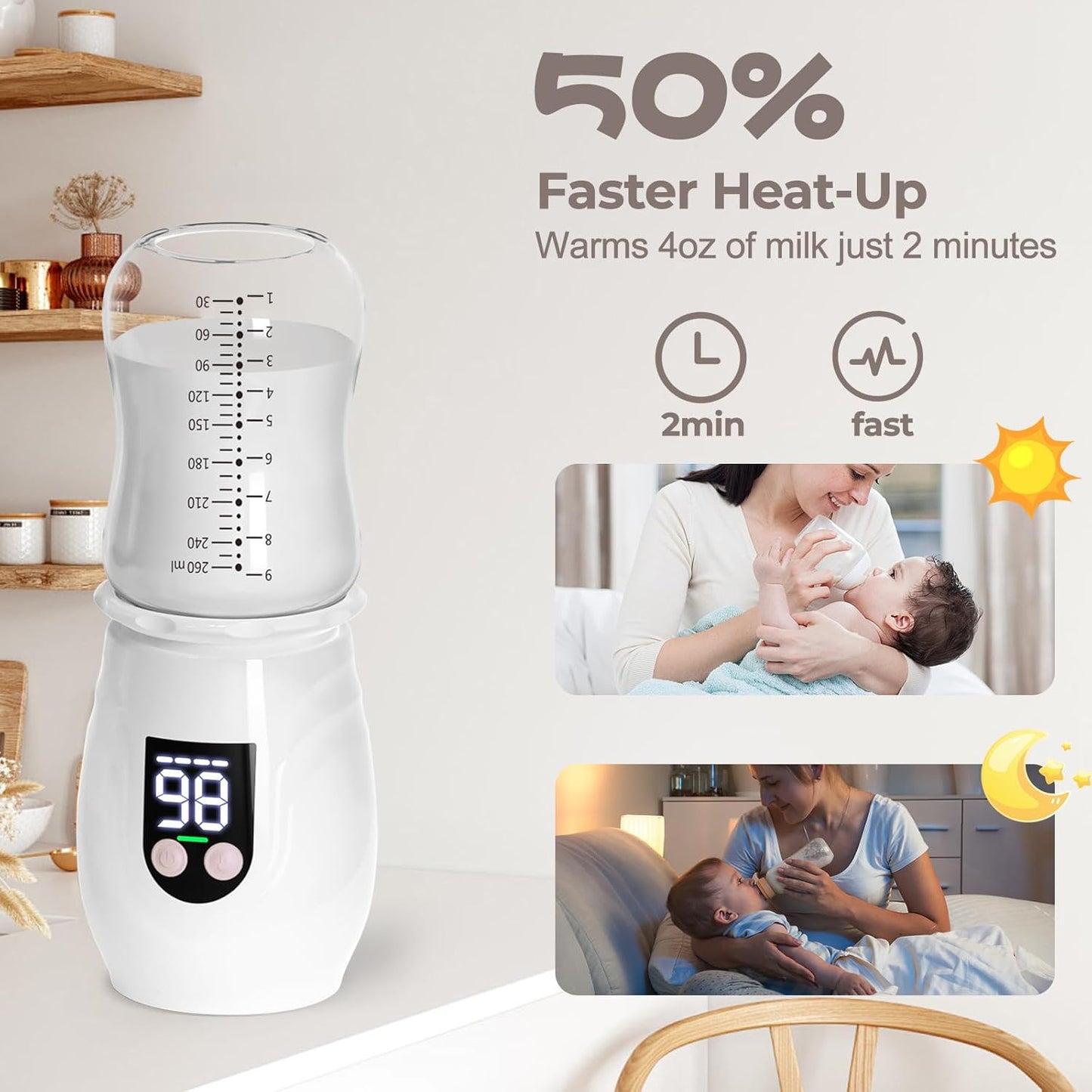 Portable Cordless Baby Bottle Warmer for Travel, Rechargeable with 8 Adapters & 1 Milk Powder Container, Safe Material, Fast Heating, Compatible with Major Brands,White