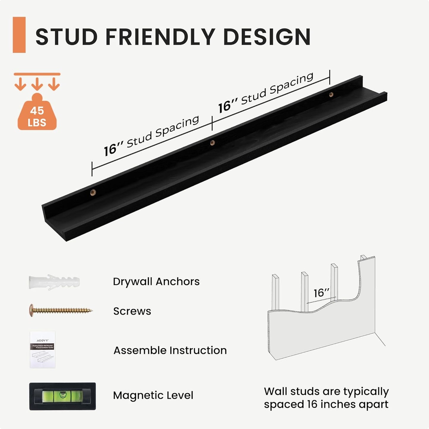 Solid Ash Wood Floating Shelves, Wood Picture Ledge Shelf Set of 2, 48 Inch Long Large Photo Ledge Shelves, Nursery Book Shelves Wall Mounted for Living Room Kids' Bedroom Decor, Black